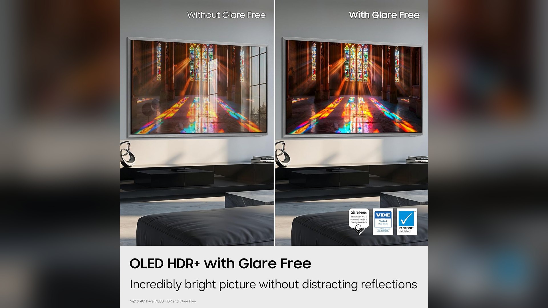 Two wall-mounted TVs side by side, one with visible reflections and one without