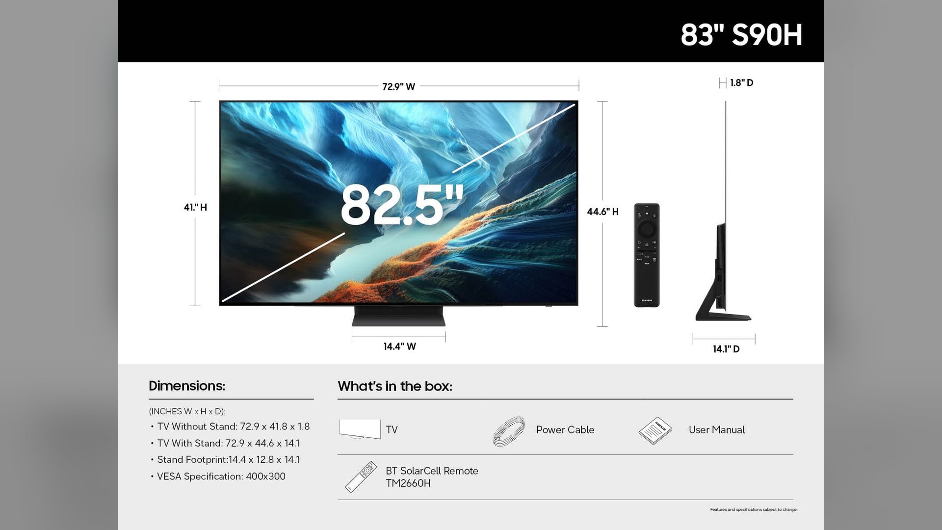 Diagram showing the width, height and depth of the 83-inch S90H with and without its stand