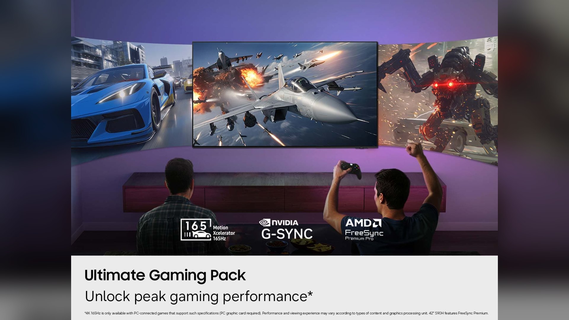 Two people playing games on a large Samsung OLED television