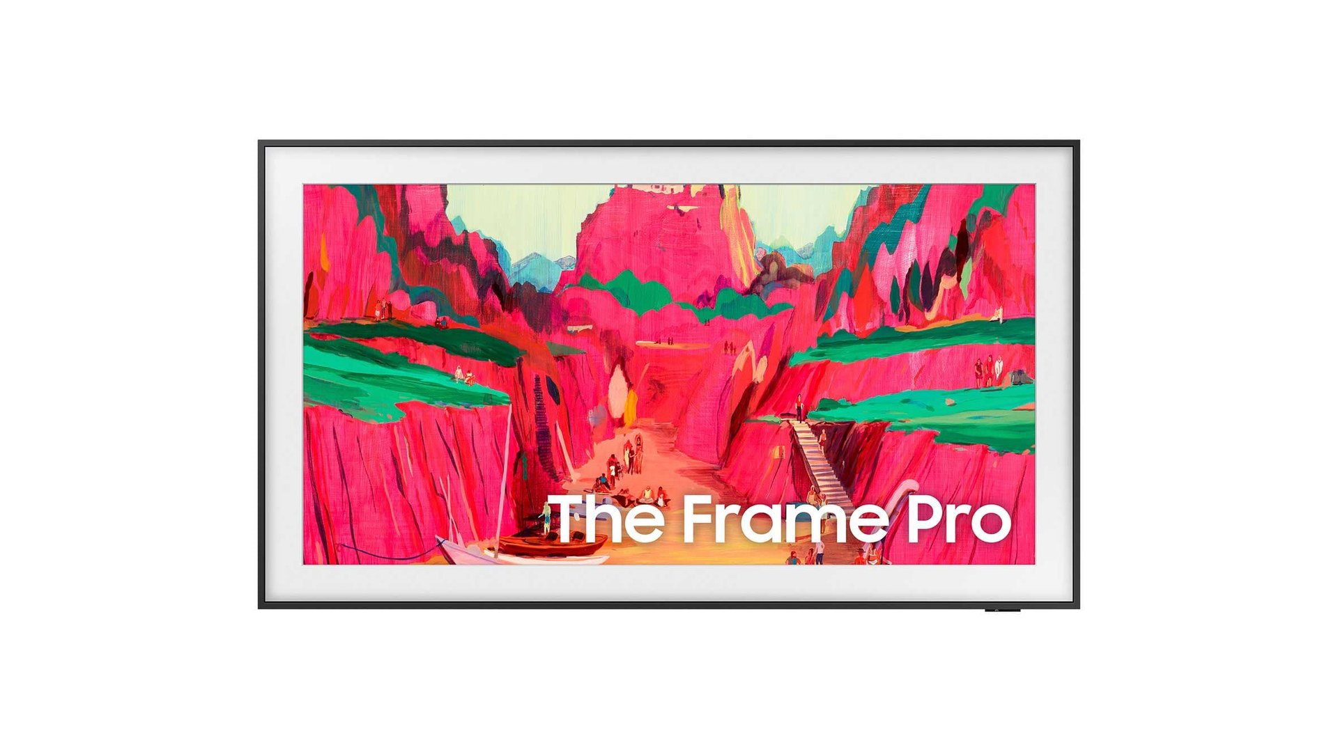 Samsung The Frame Pro television seen from the front displaying a colorful painting