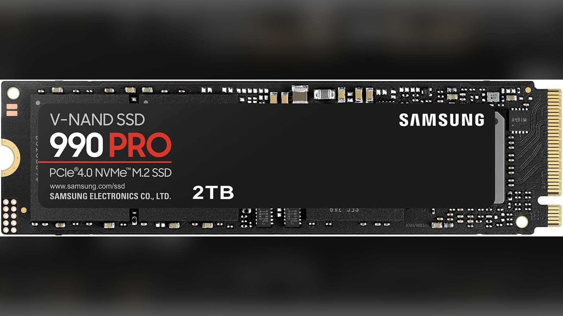 Samsung 990 PRO 2TB M.2 2280 SSD on a dark background