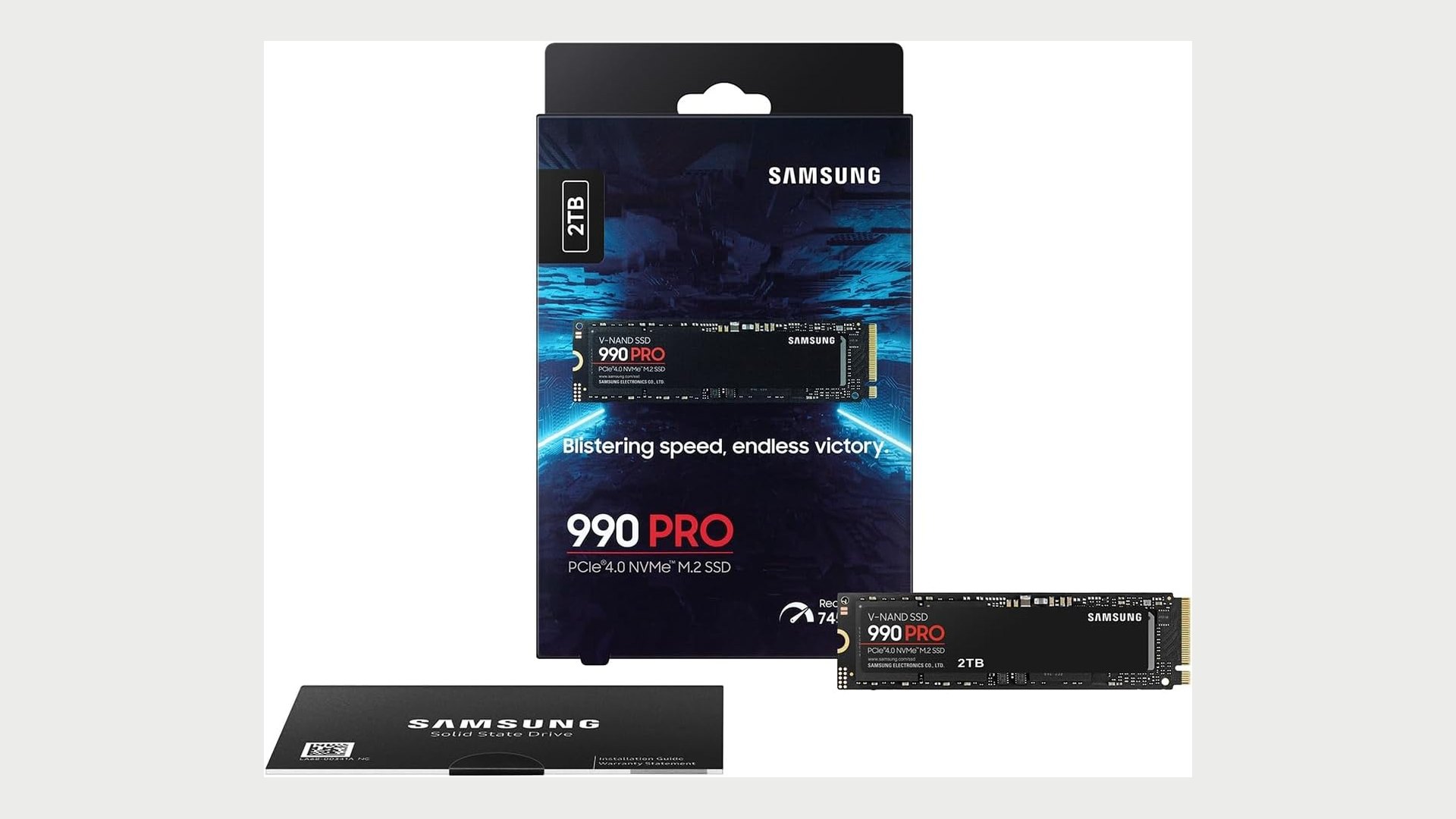 Samsung 990 PRO 2TB retail box next to the bare drive