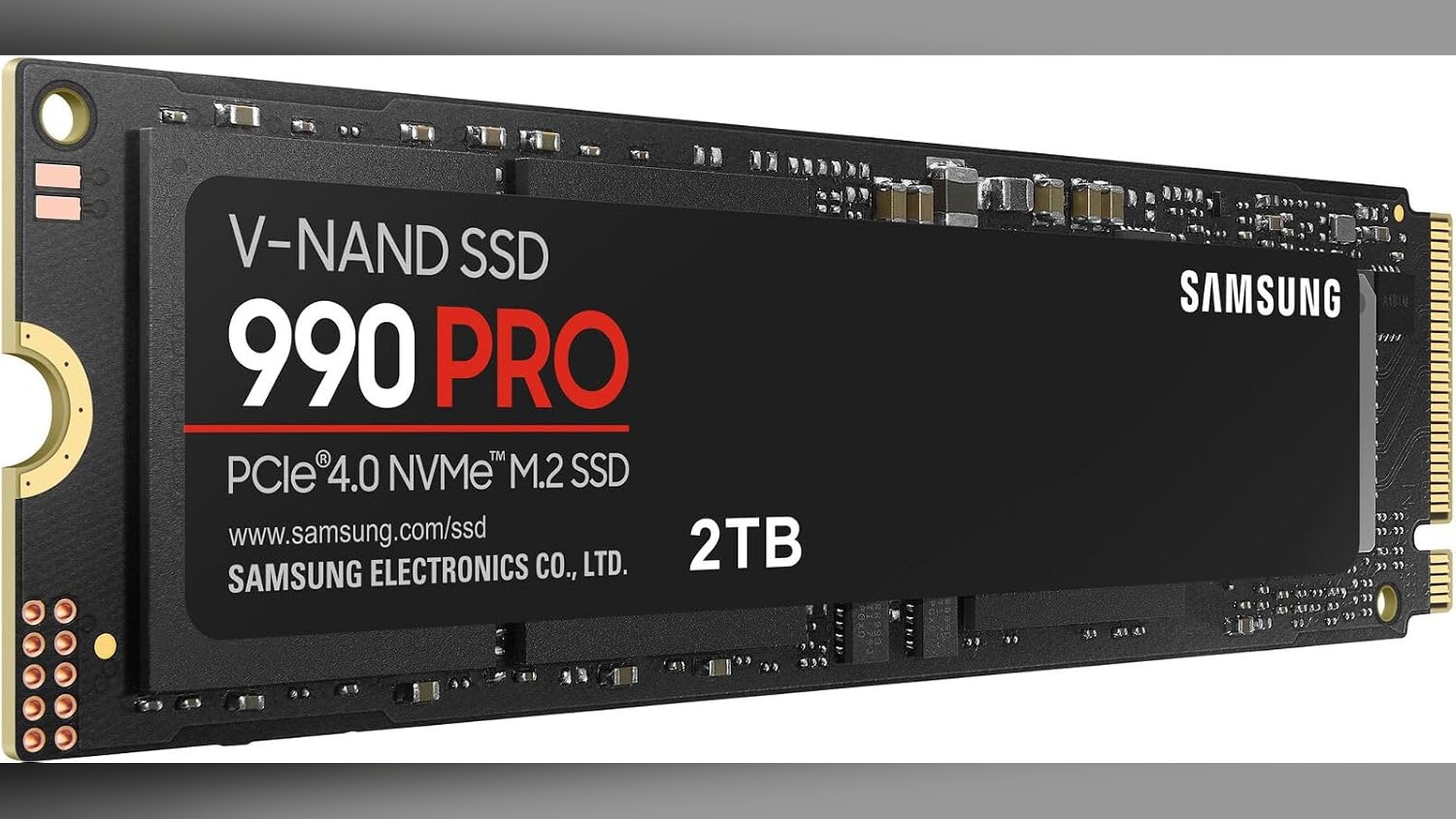 Samsung SSD 990 PRO 2TB M.2 2280 NVMe drive seen at an angle
