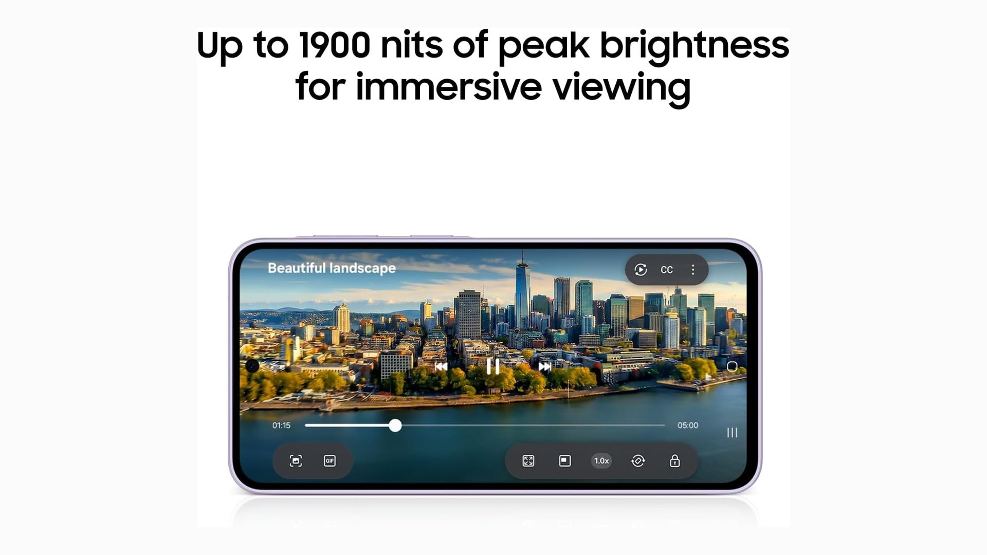 Galaxy A37 5G display showing a city landscape, captioned up to 1900 nits of peak brightness