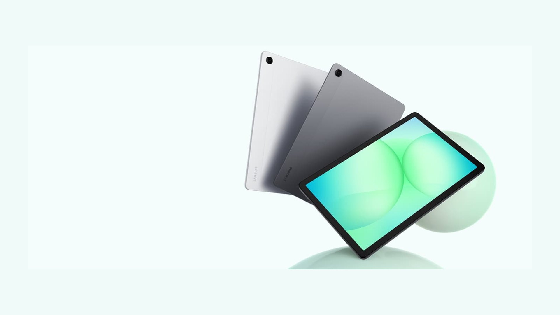 Three Samsung Galaxy Tab A11+ tablets in Silver and Gray, one showing the screen