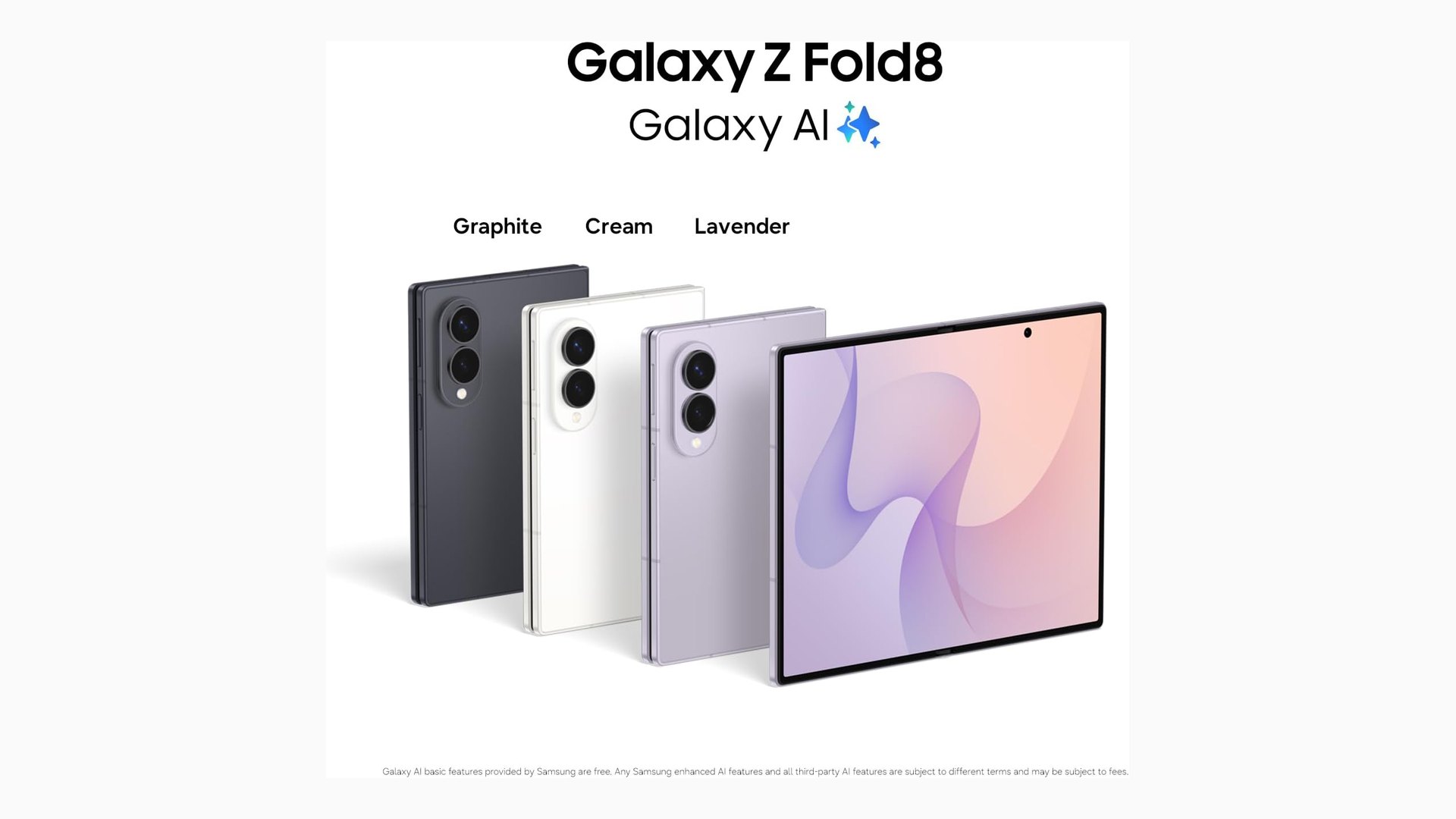 Three Galaxy Z Fold8 units in Graphite, Cream and Lavender