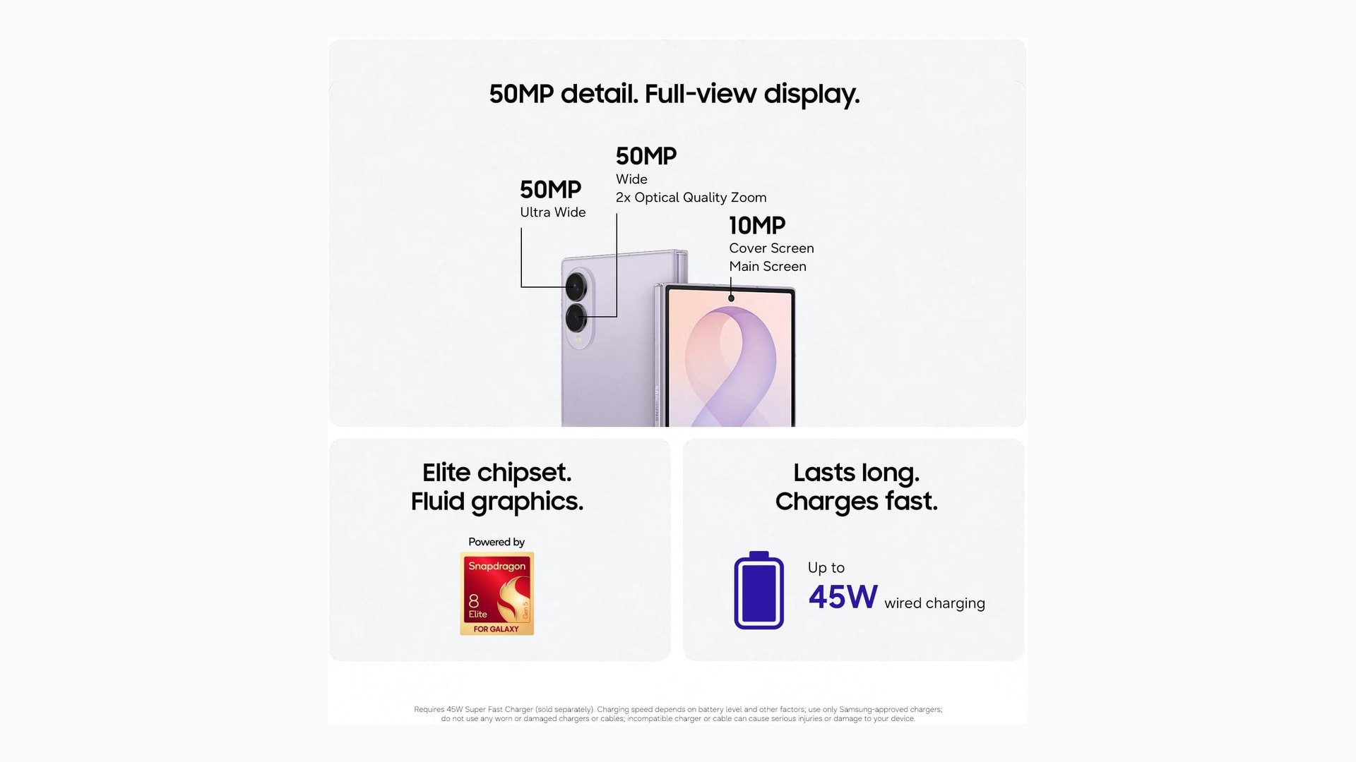 Samsung graphic listing the Galaxy Z Fold8 cameras and charging speed