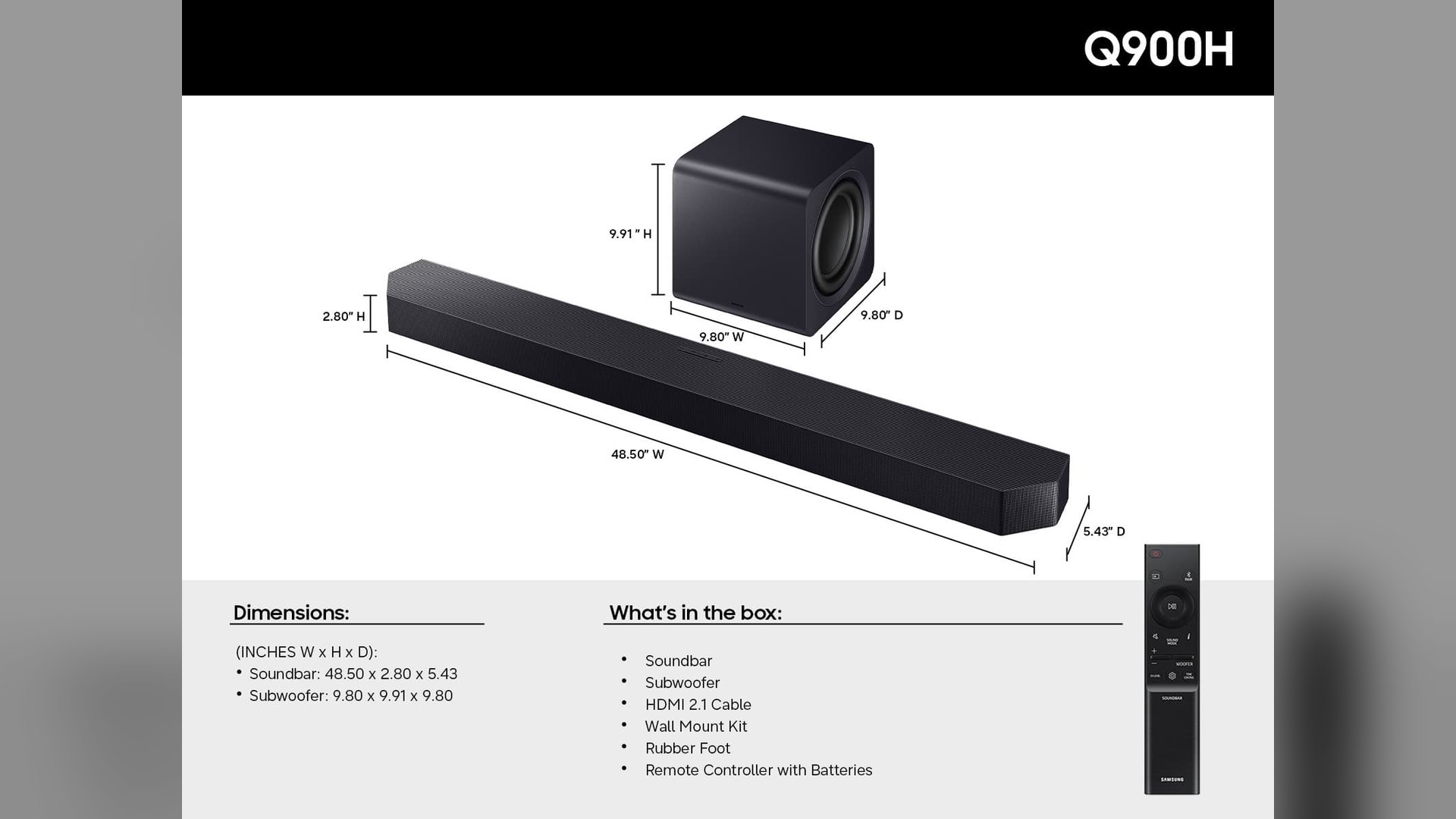 Diagram of the Samsung HW-Q900H dimensions and box contents