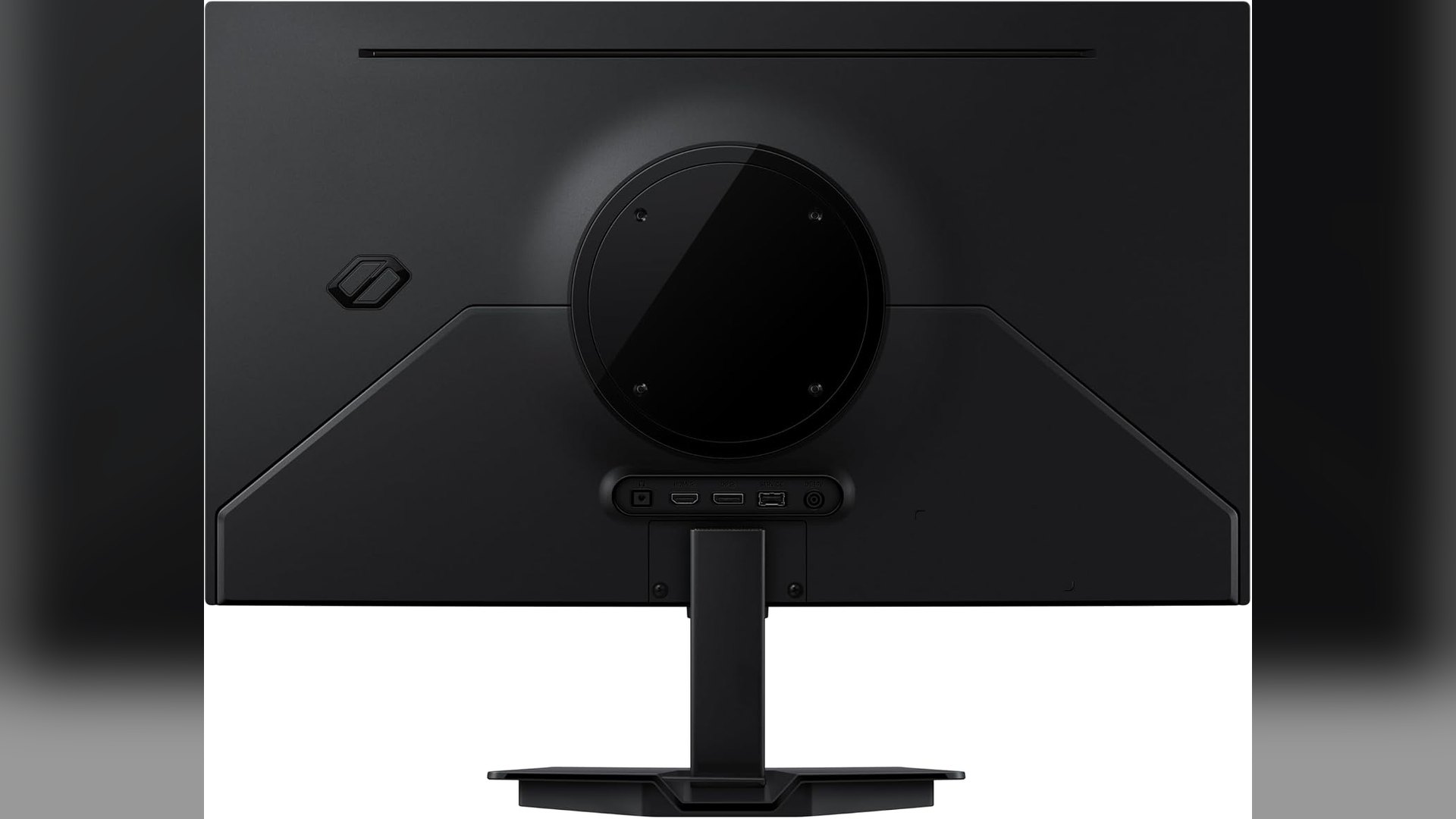 Rear view of the Samsung Odyssey OLED G5 showing its circular cooling housing and input cluster