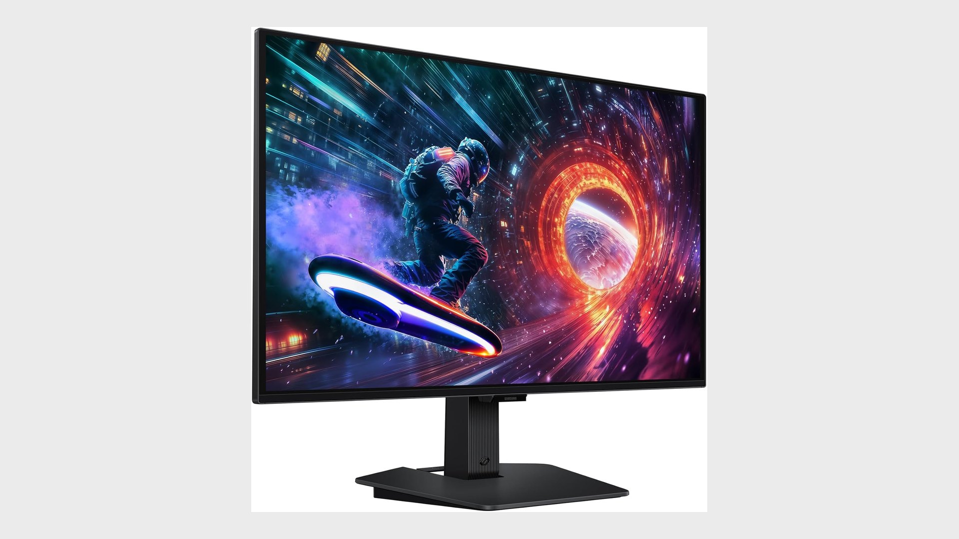 Samsung Odyssey OLED G5 photographed at an angle showing its thin panel profile