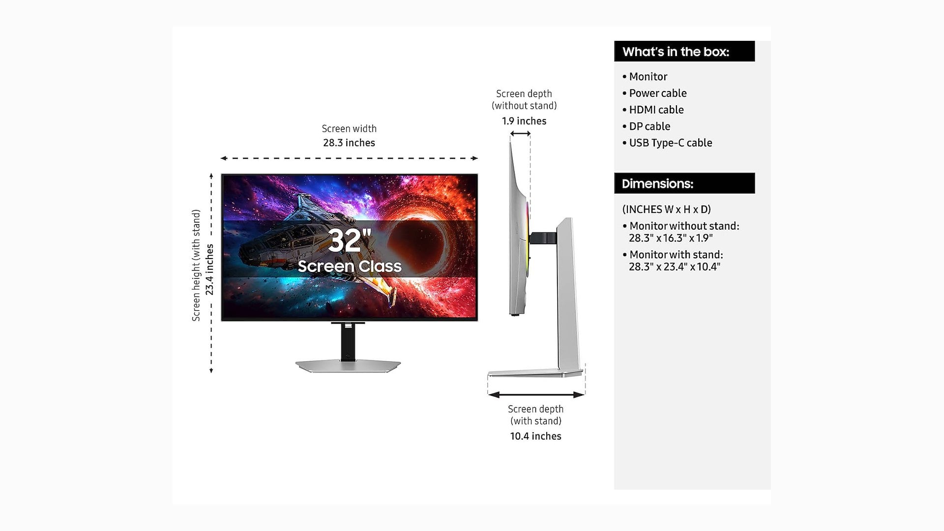 Dimensions diagram showing the Samsung Odyssey OLED G8 G80SH with and without its stand