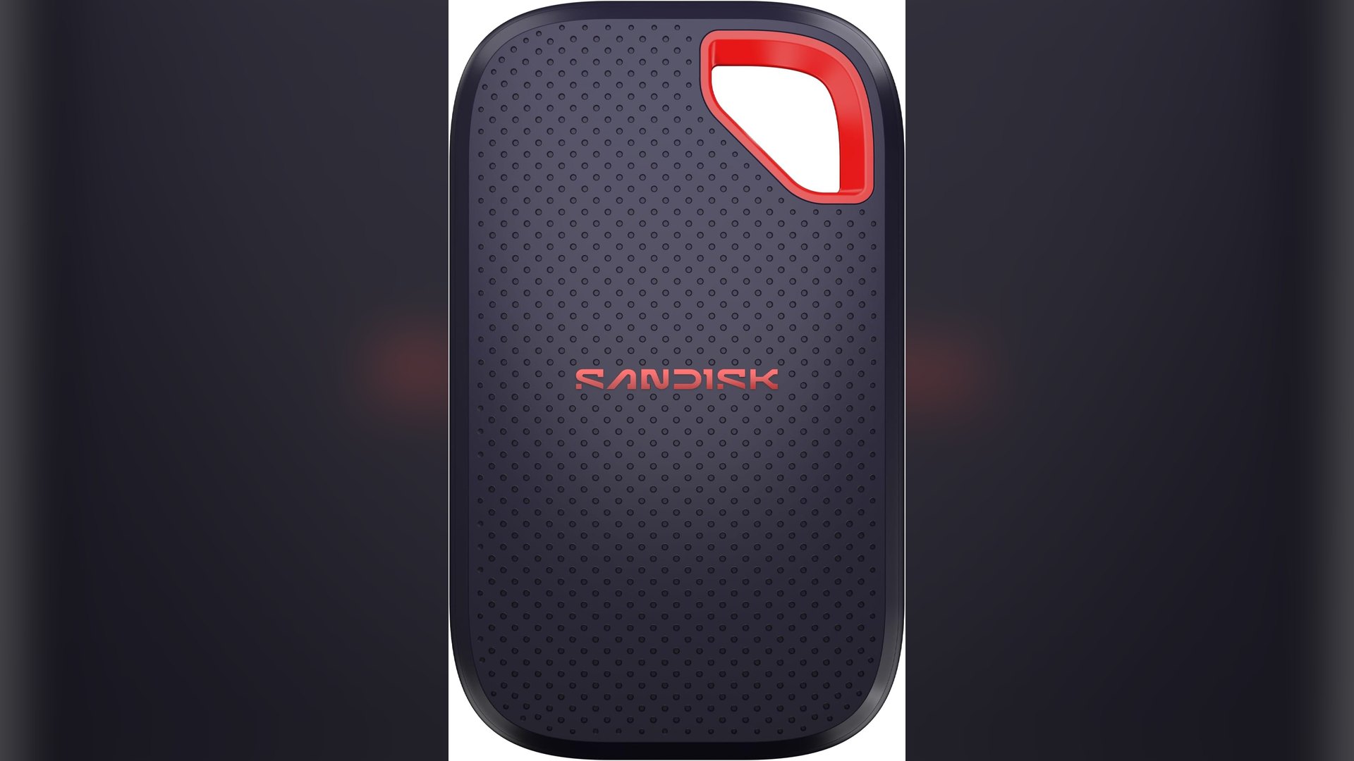 Front view of a black SanDisk Extreme Portable SSD with an orange carabiner loop
