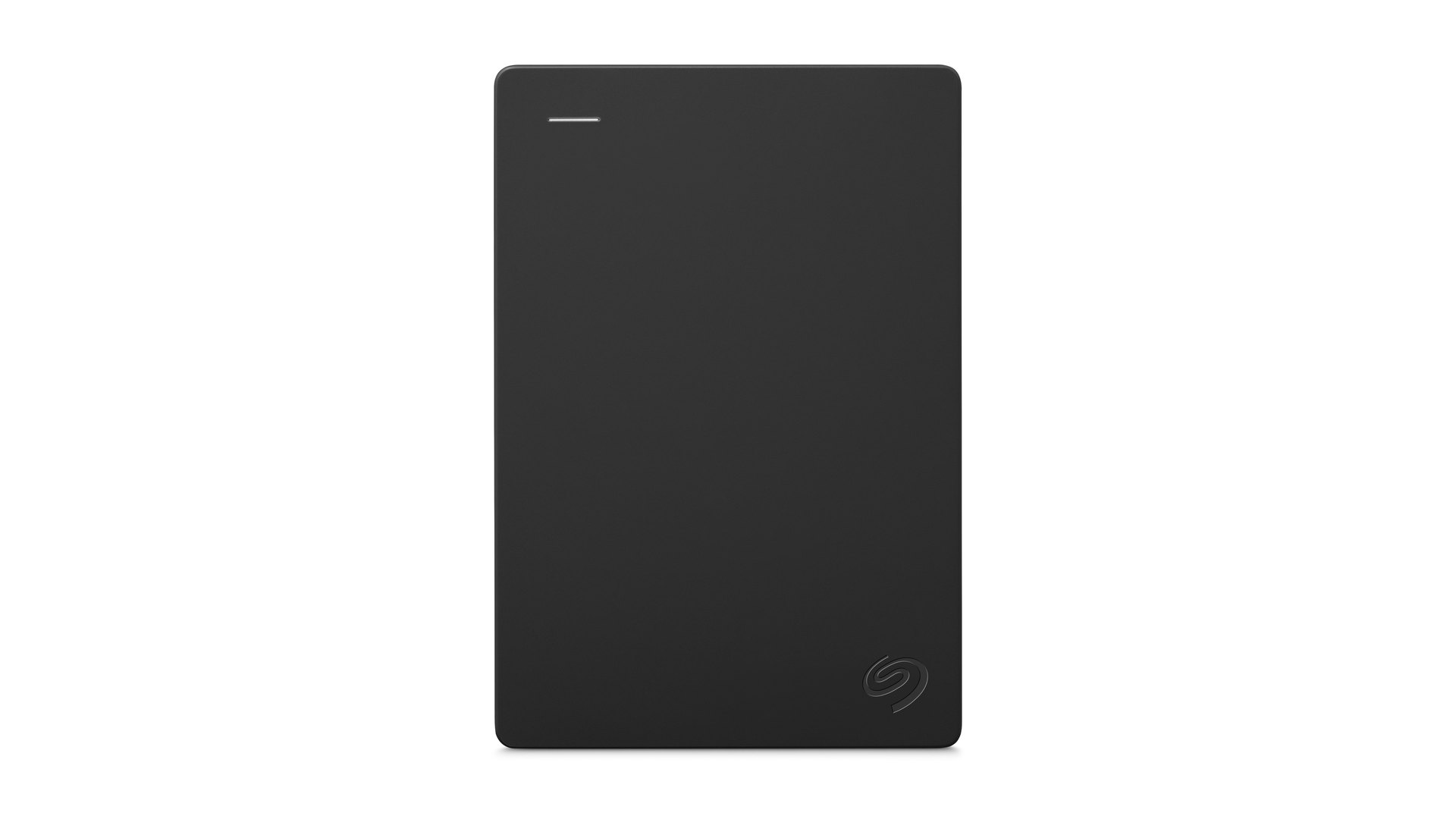 Black Seagate Portable Hard Drive standing upright, front view