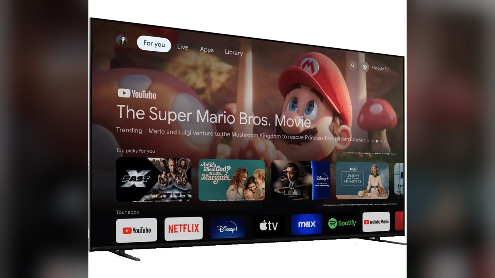 Google TV home screen on the Sony BRAVIA 7 with streaming app icons along the bottom