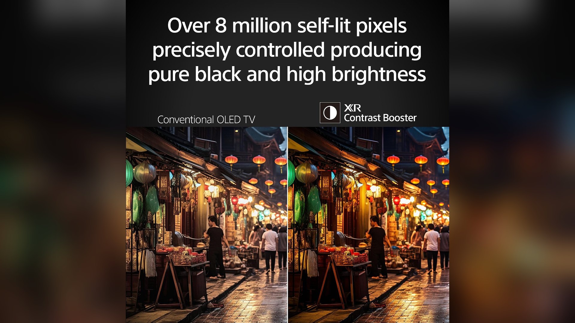 Night market scene split between conventional OLED and XR Contrast Booster