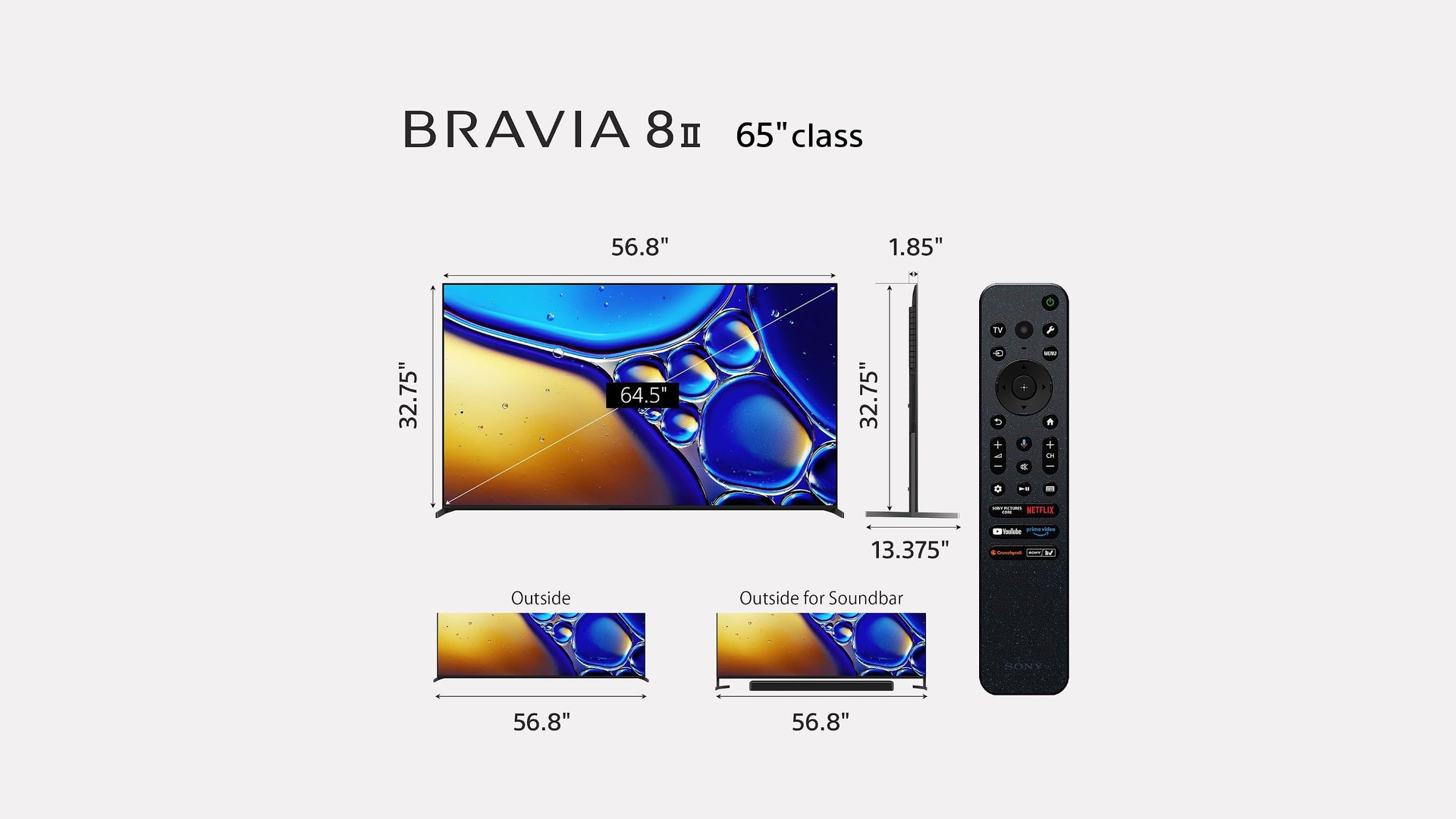 Diagram showing the BRAVIA 8 II at 56.8 inches wide and 32.75 inches tall with stand positions