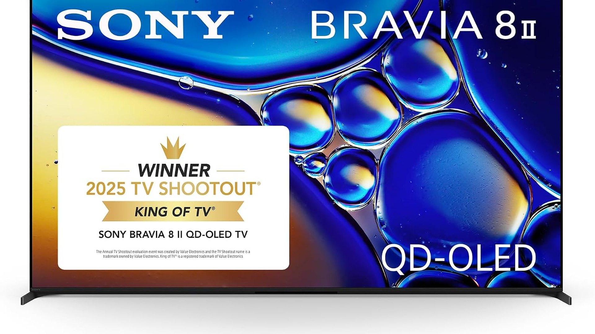 Sony BRAVIA 8 II QD-OLED TV on its stand showing a blue and gold abstract pattern with a QD-OLED label