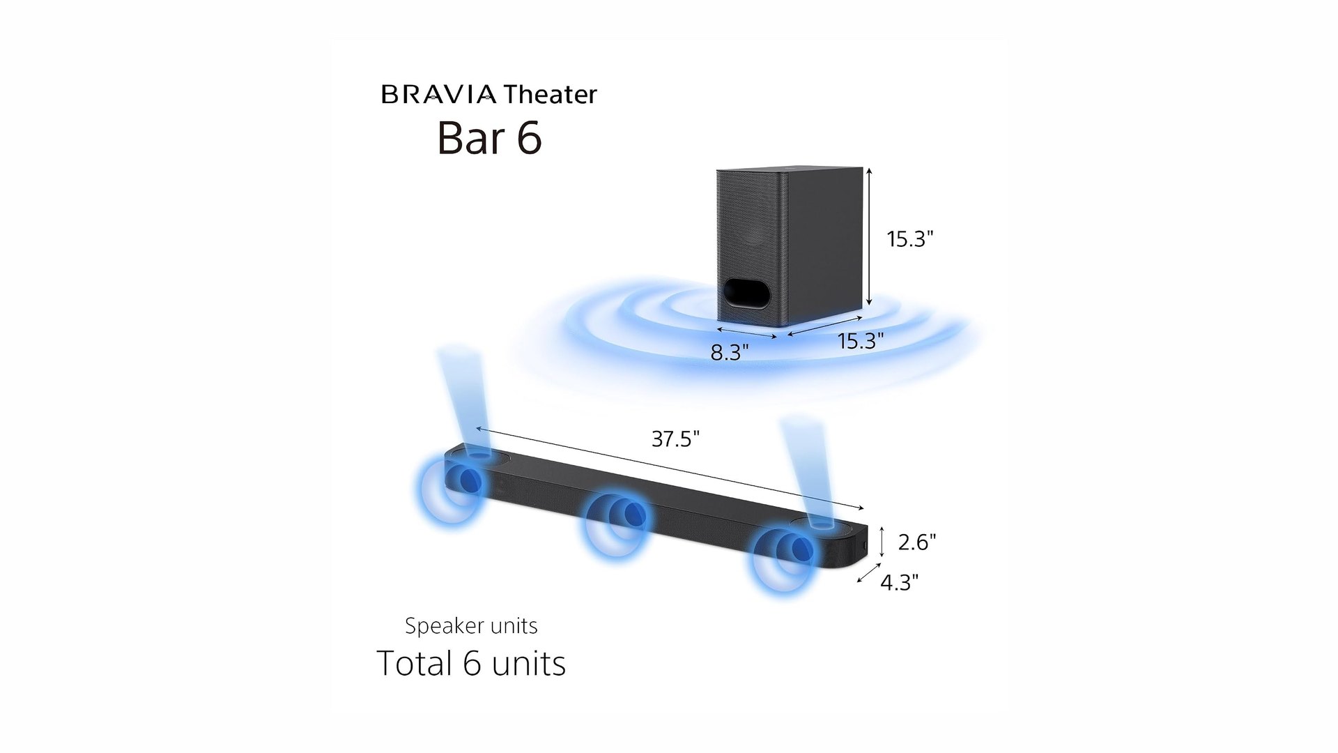 Diagram of the BRAVIA Theater Bar 6 showing speaker positions and dimensions