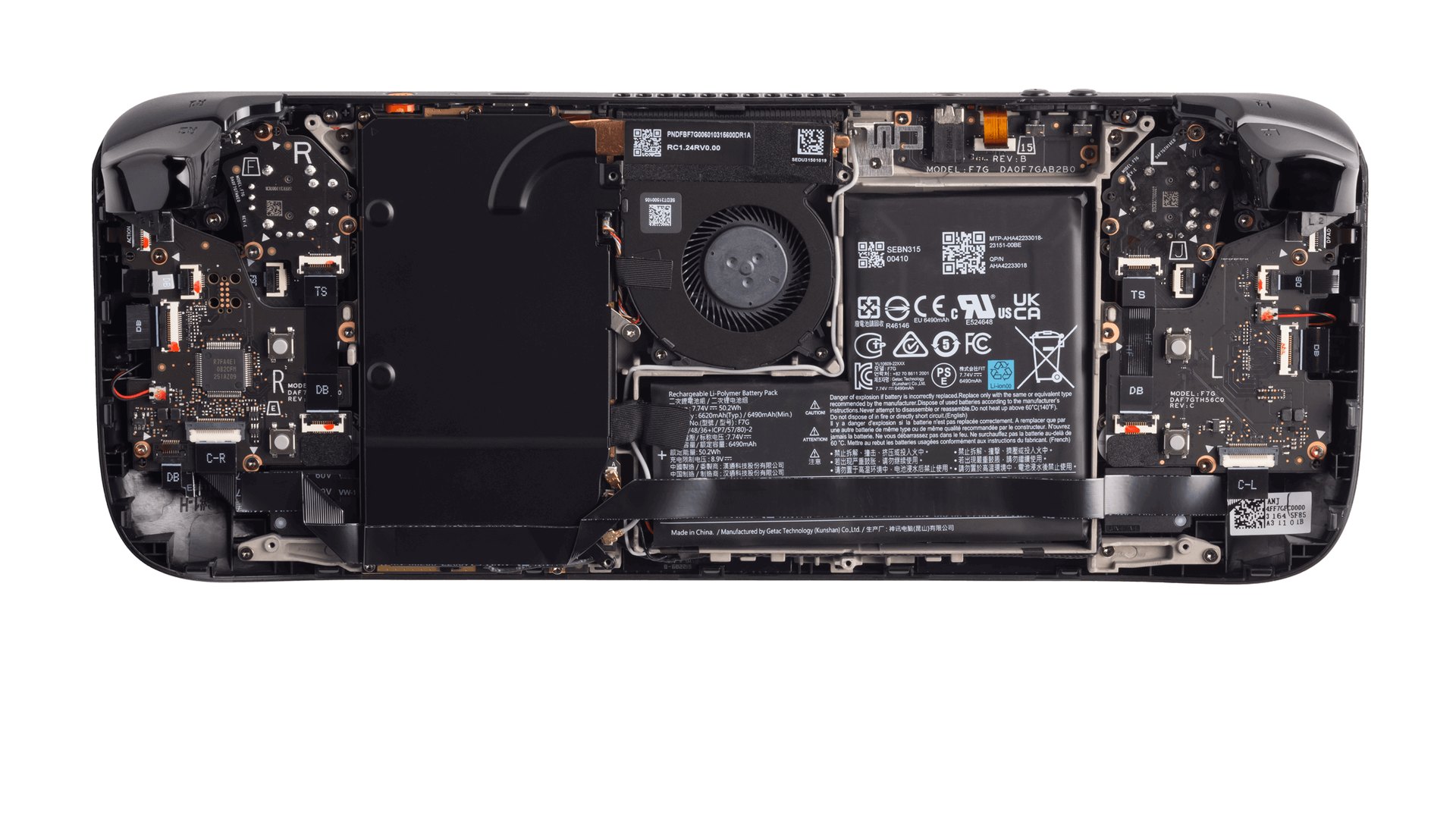 Internal view of a Steam Deck OLED showing its mainboard, cooling fan and battery