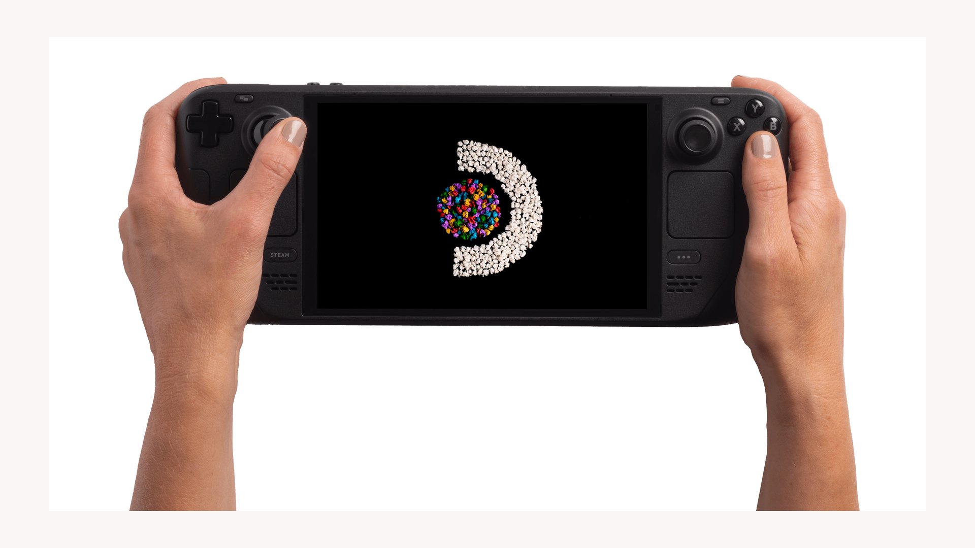 A Steam Deck OLED held in two hands with the screen switched on