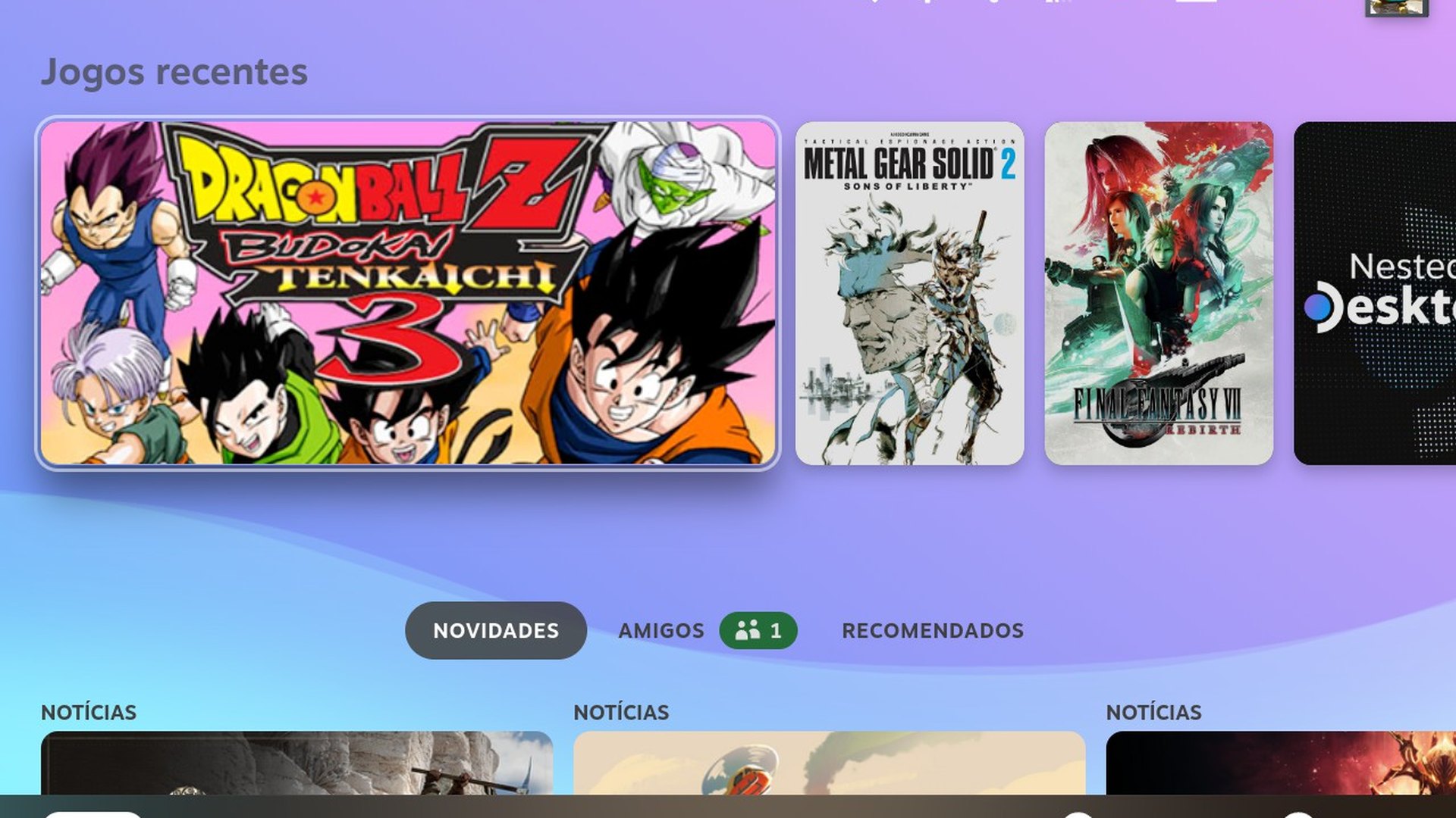 Steam Deck home screen with a purple and blue animated wave background