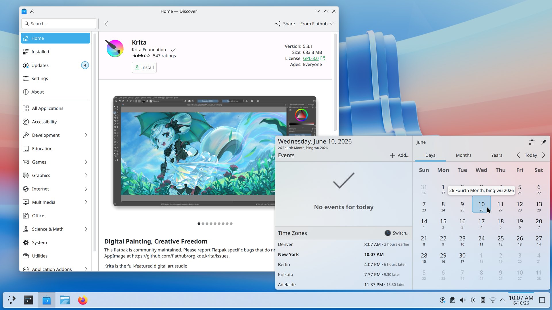 Plasma 6.7 desktop with the Discover software store and a calendar widget open over a blue wallpaper