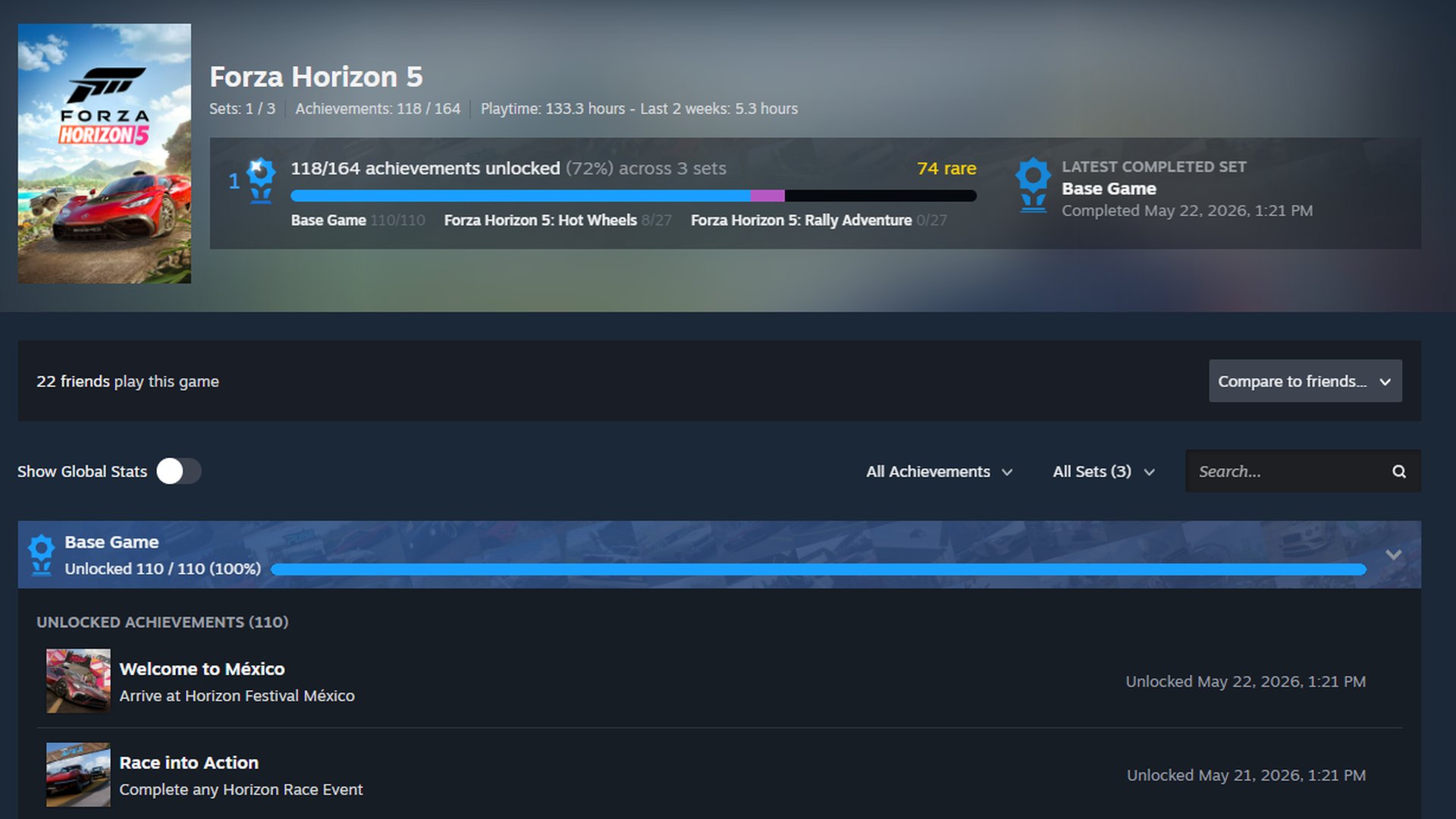 Steam achievements page for Forza Horizon 5 divided into achievement sets with progress bars