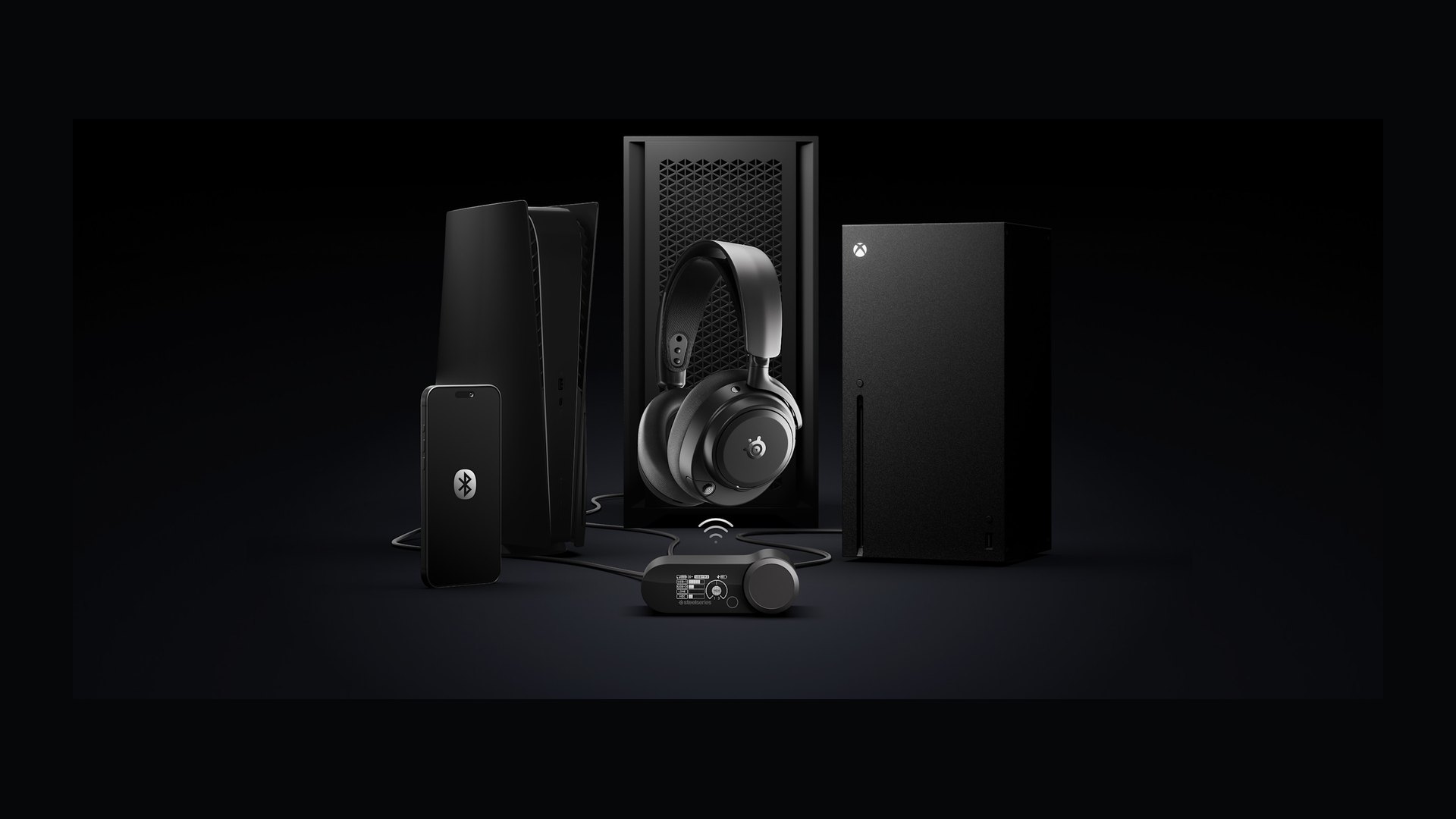 Wireless headset and base station connected to a smartphone, a PlayStation and an Xbox console