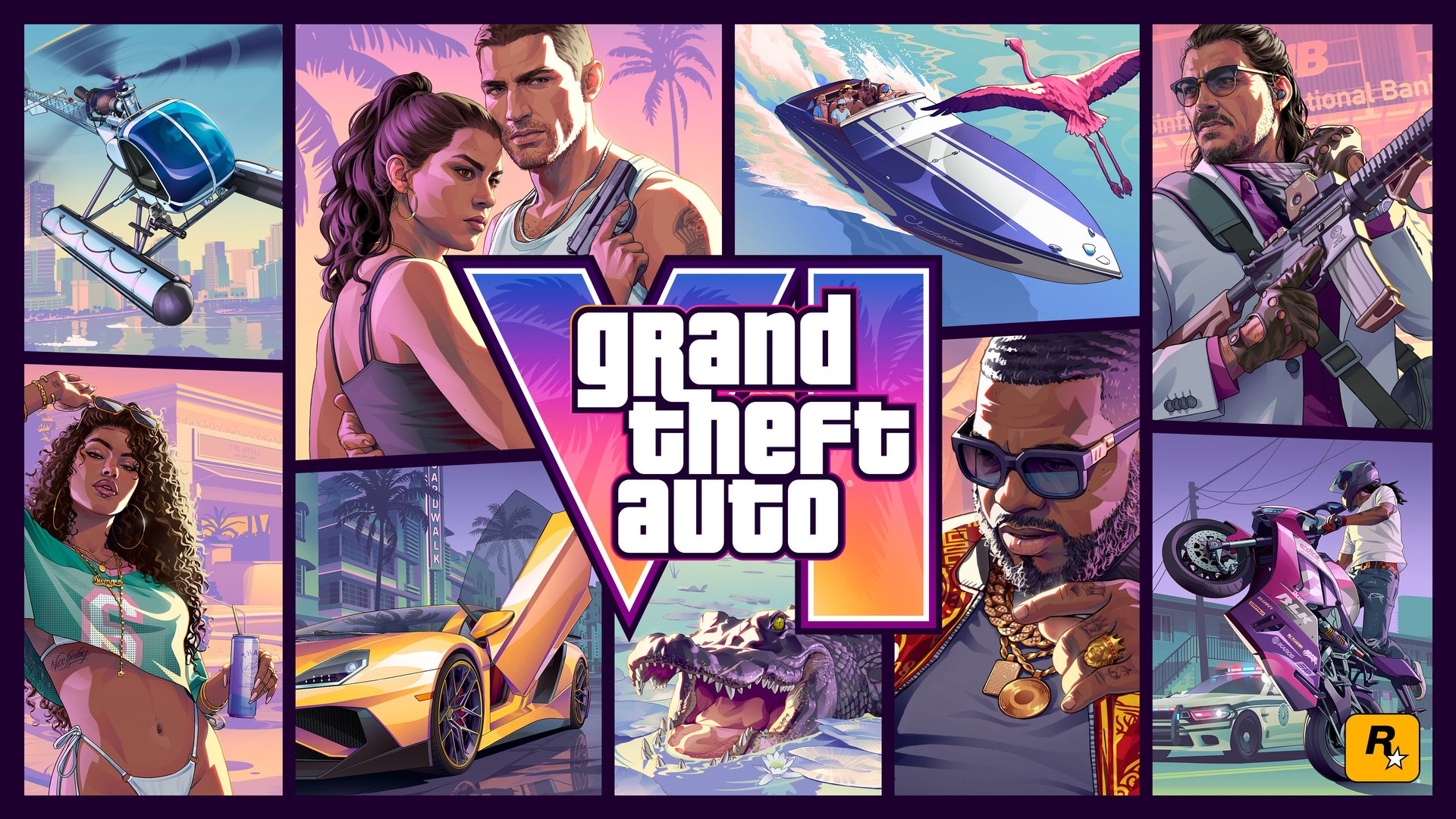 Grand Theft Auto VI cover art collage showing characters, cars, a boat and the game logo