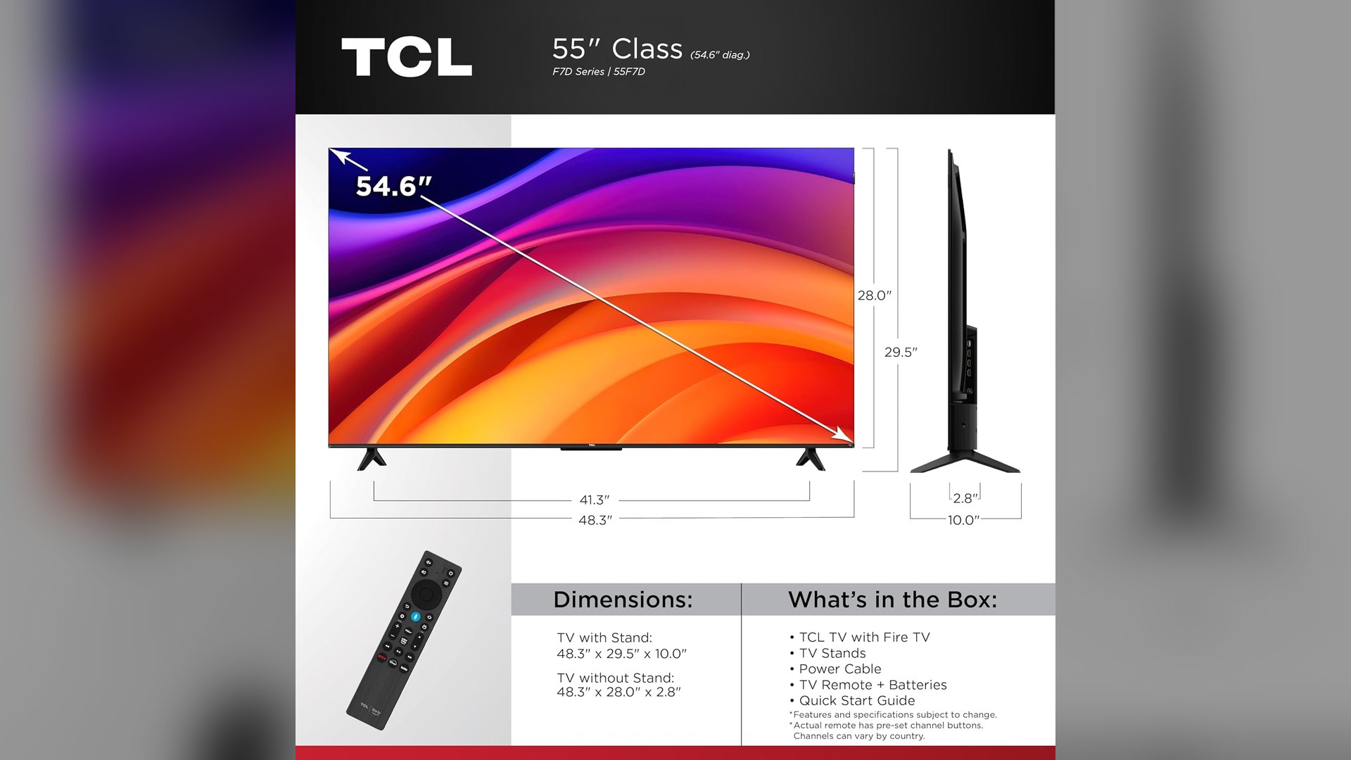 TCL dimension sheet for the 55-inch F7D with measurements and a what's in the box list
