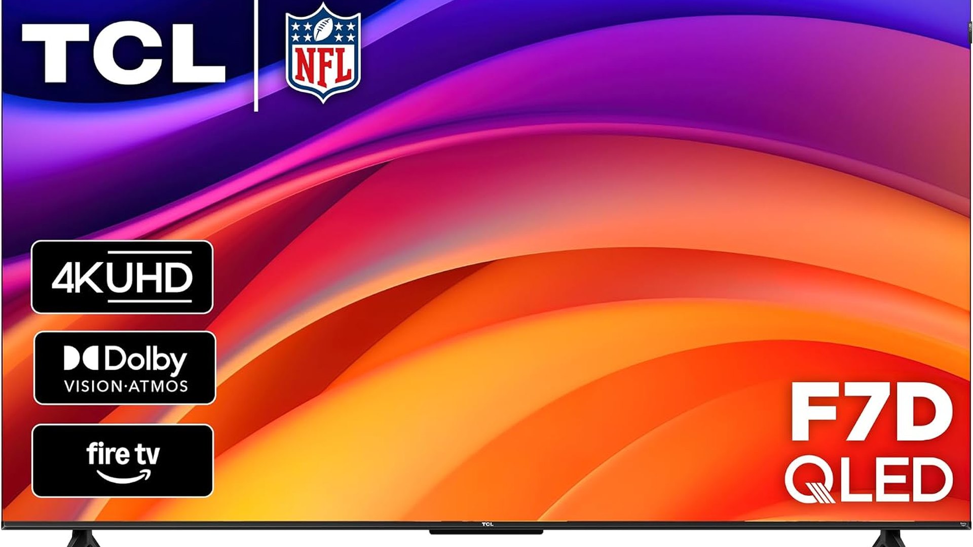 TCL 55-inch F7D Series QLED Fire TV shown head-on with an orange and purple wave on screen