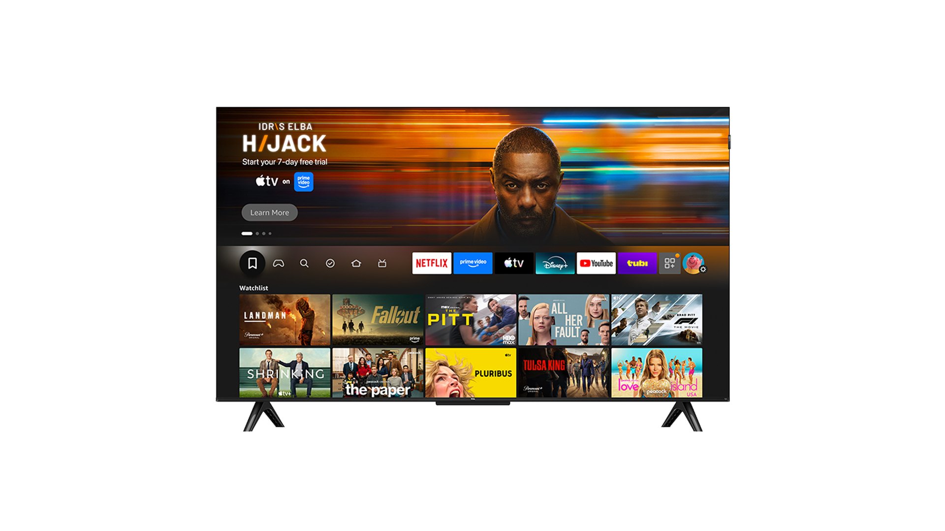 TCL F7D showing the Fire TV home screen with rows of app tiles and movie thumbnails