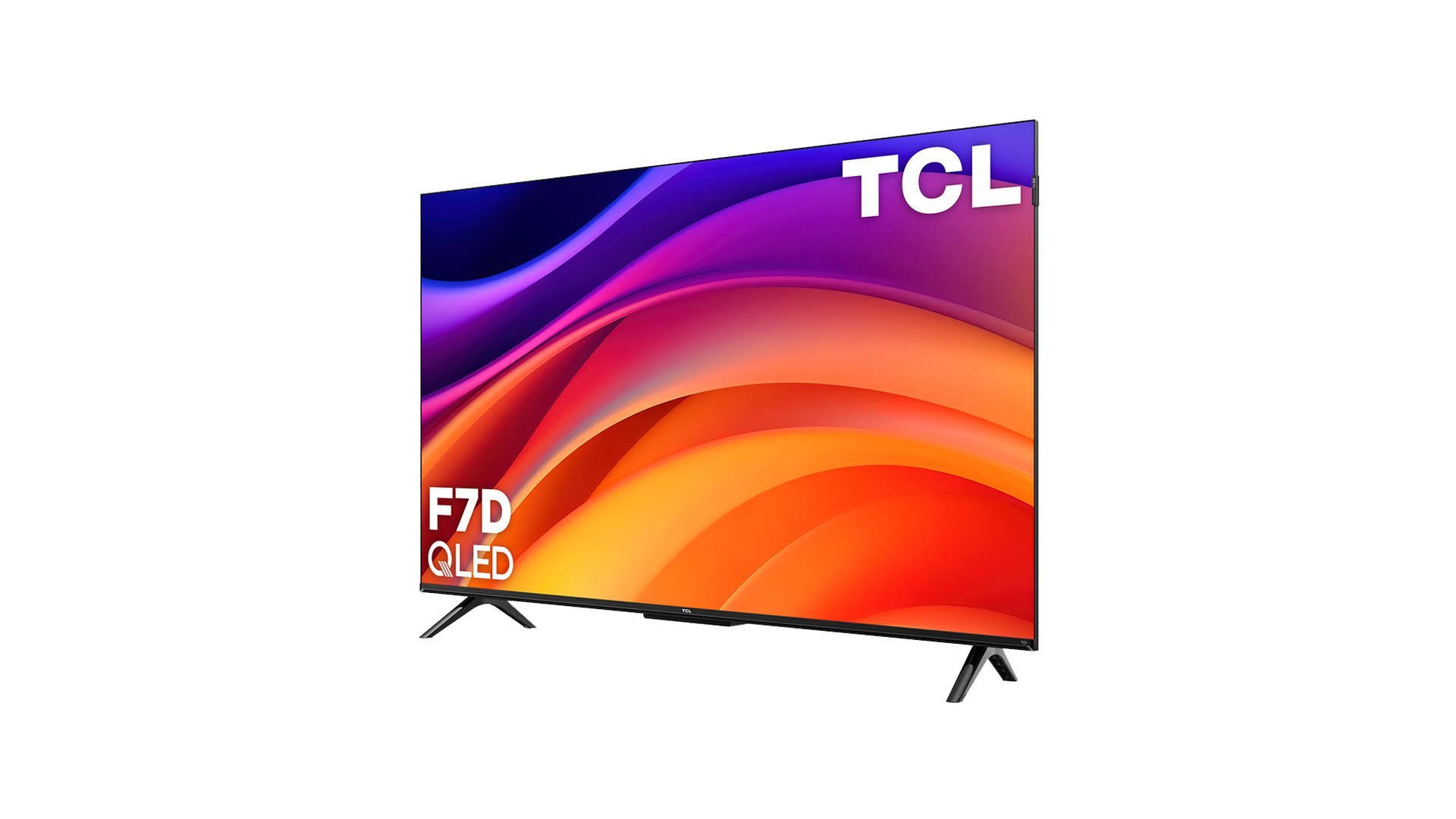 TCL F7D QLED TV at an angle on two feet, showing its thin top edge