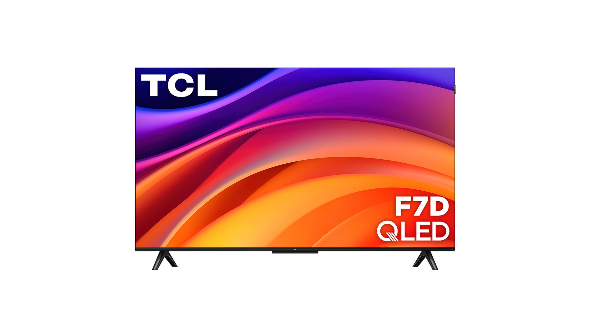 TCL F7D Series QLED 4K TV seen head-on with a colourful abstract wave on screen
