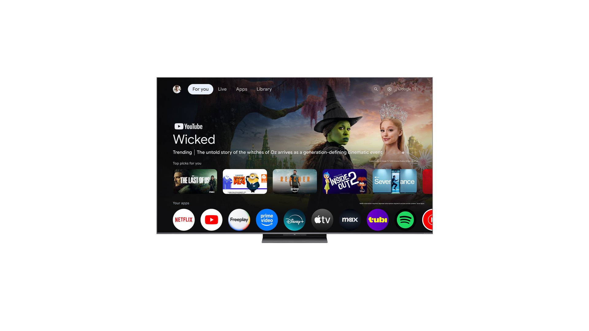 TCL QM8L television shown head-on with the Google TV home screen