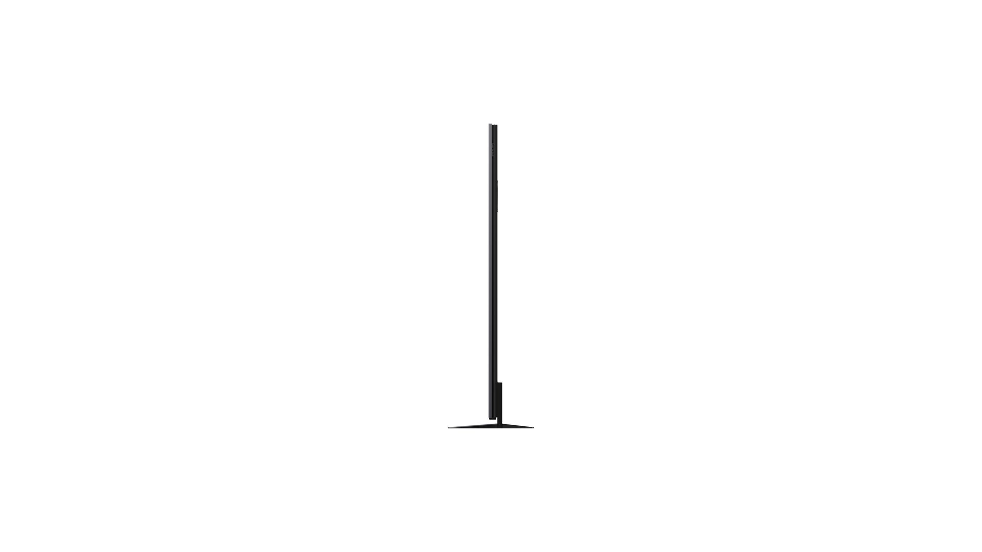 Side view of the TCL QM8L television showing the flat panel and pedestal stand