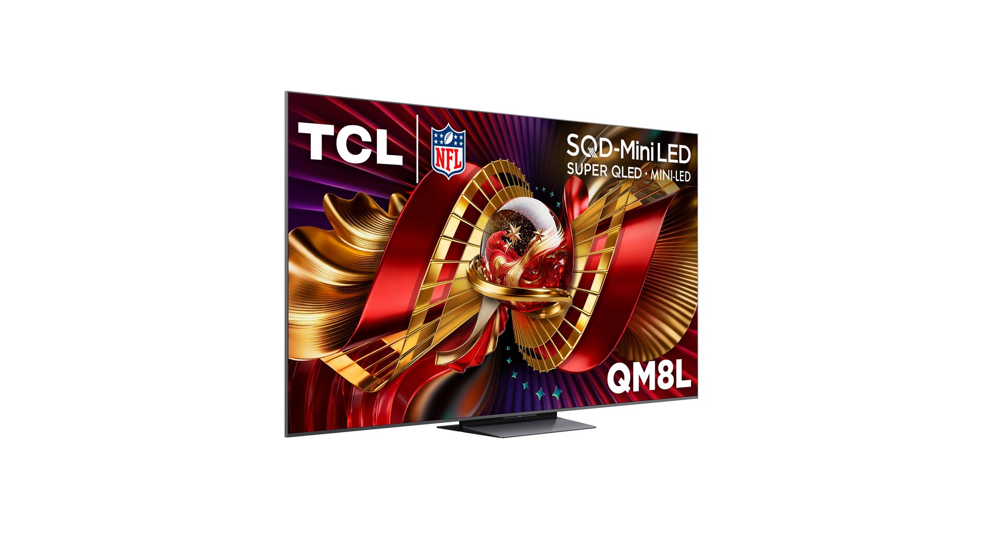TCL QM8L Series Mini LED television at a three-quarter angle on a slim centre stand