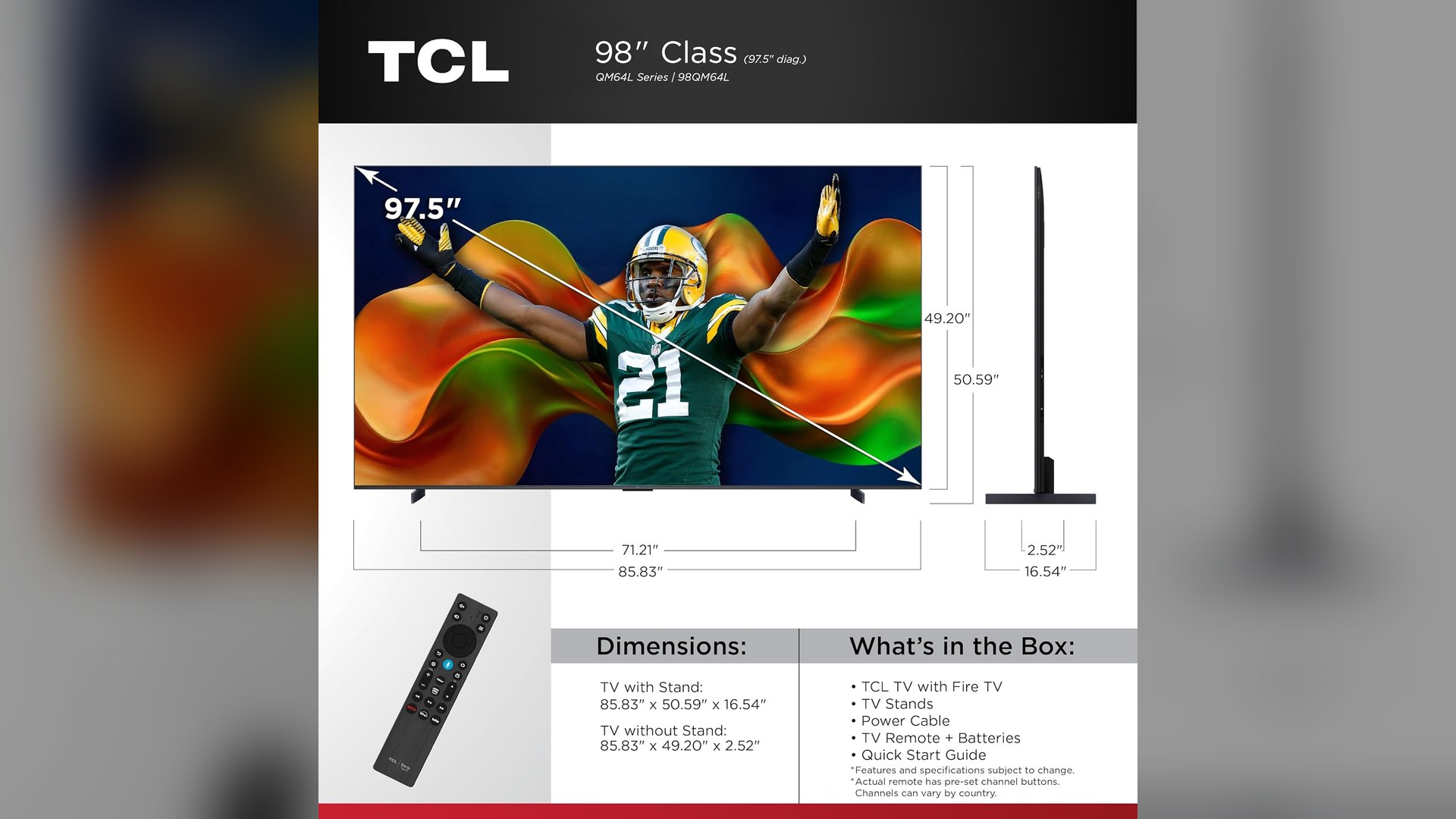 TCL dimension diagram for the 98QM64L showing width, height, depth and foot spacing