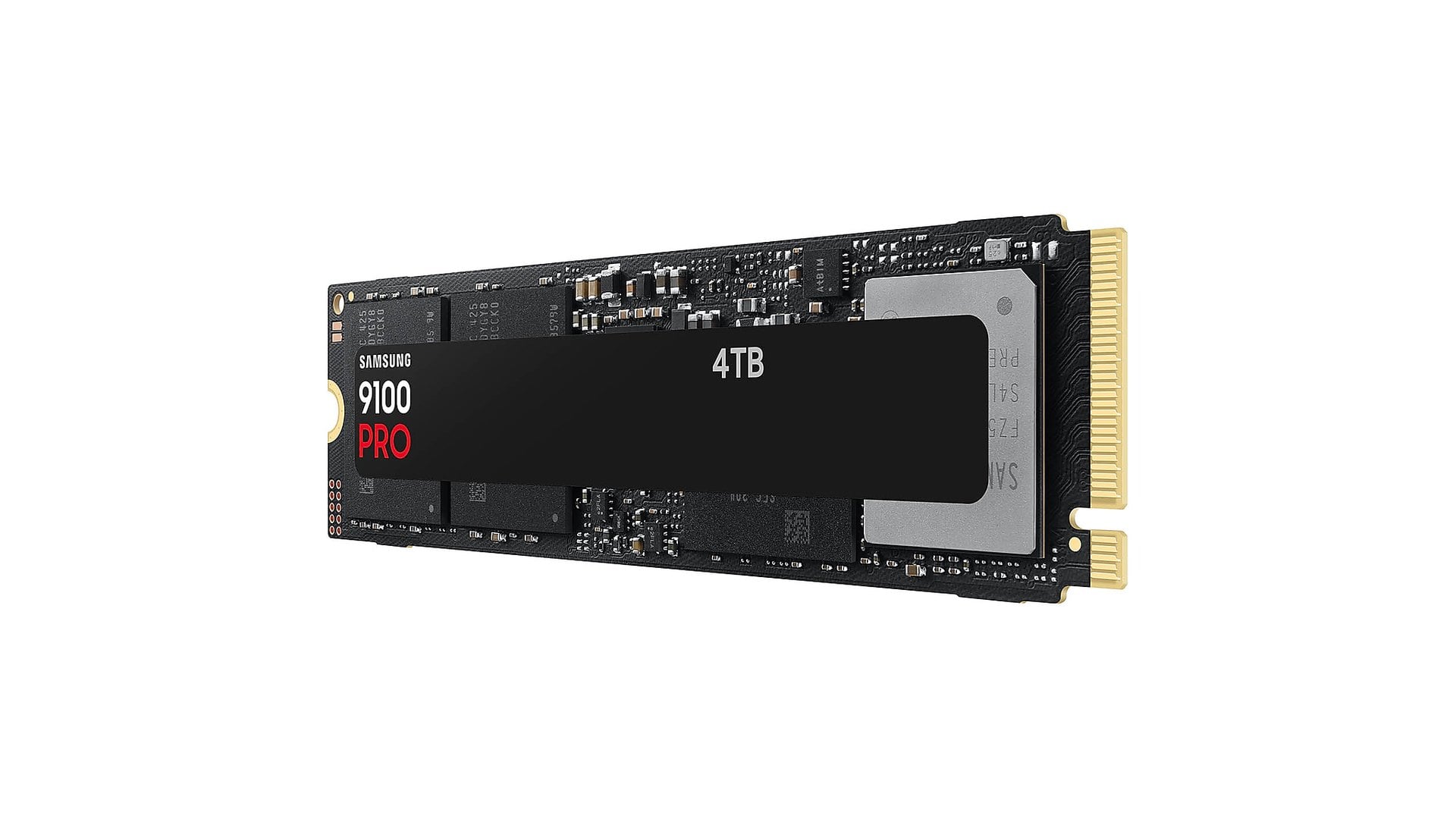 Bare Samsung 9100 PRO M.2 drive with a label reading 9100 PRO and 4TB
