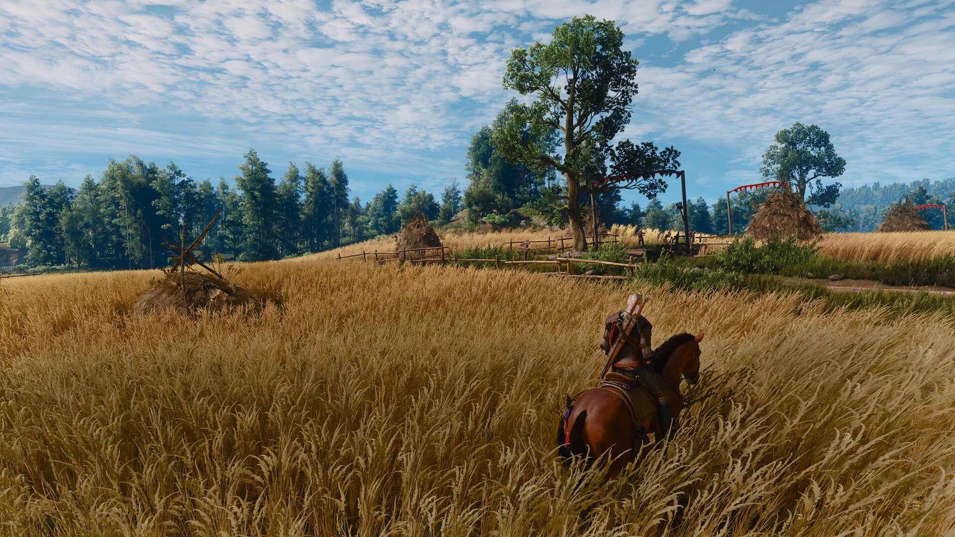 Geralt riding a horse through a golden wheat field under open sky