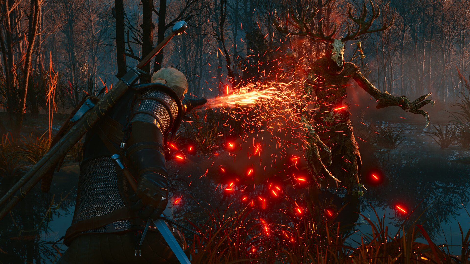Geralt fighting a leshen surrounded by glowing red particle effects in a dark forest