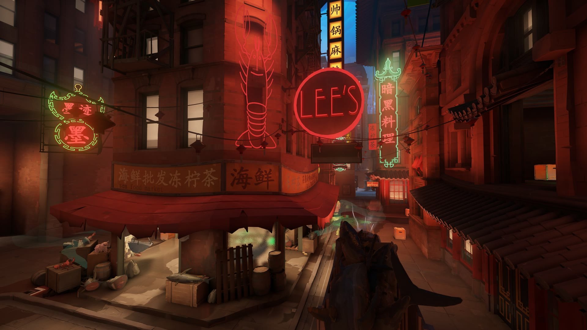Neon-lit Chinatown street in Deadlock with shopfronts and signs