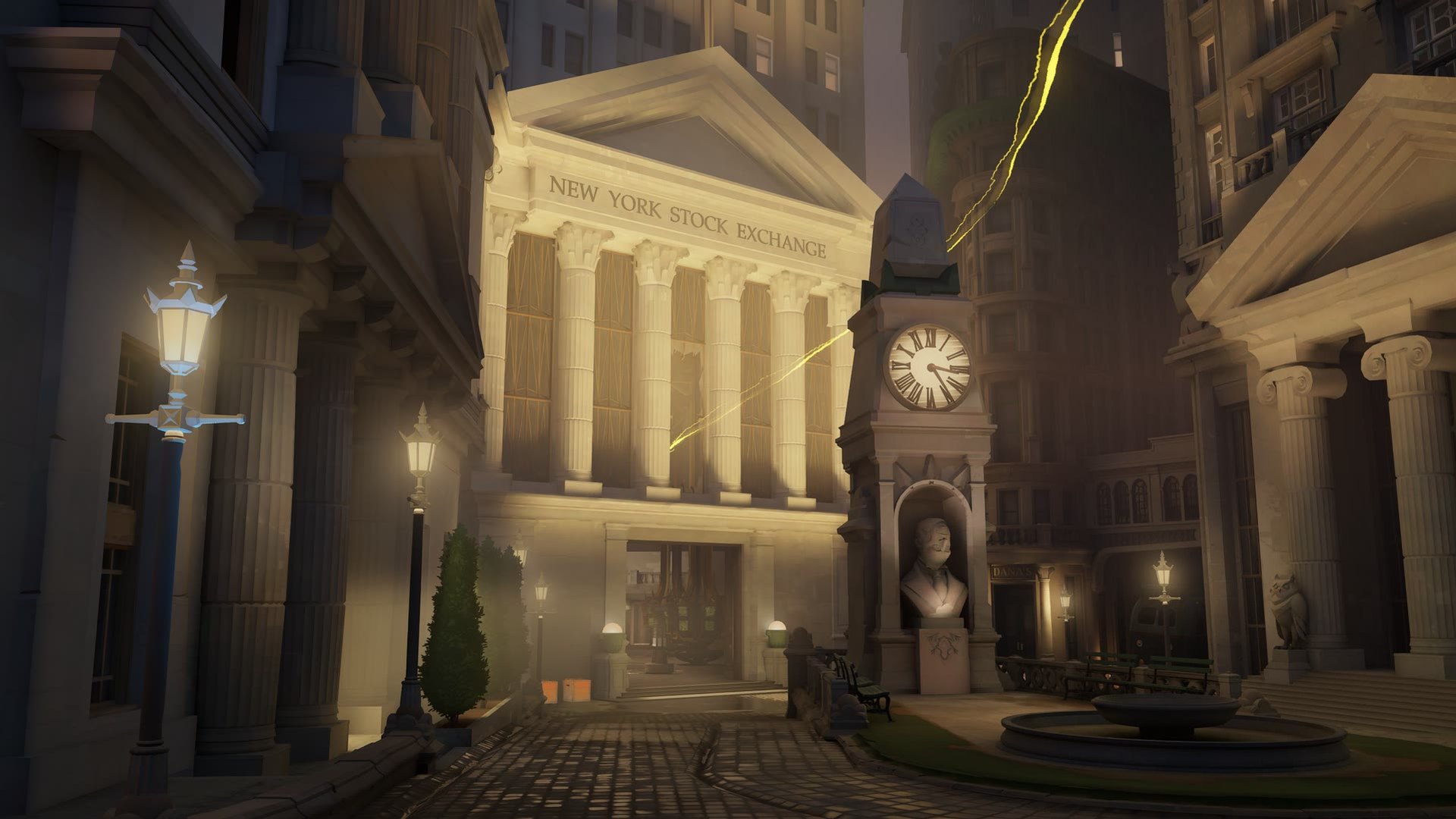 Columned New York Stock Exchange building in Deadlock at night