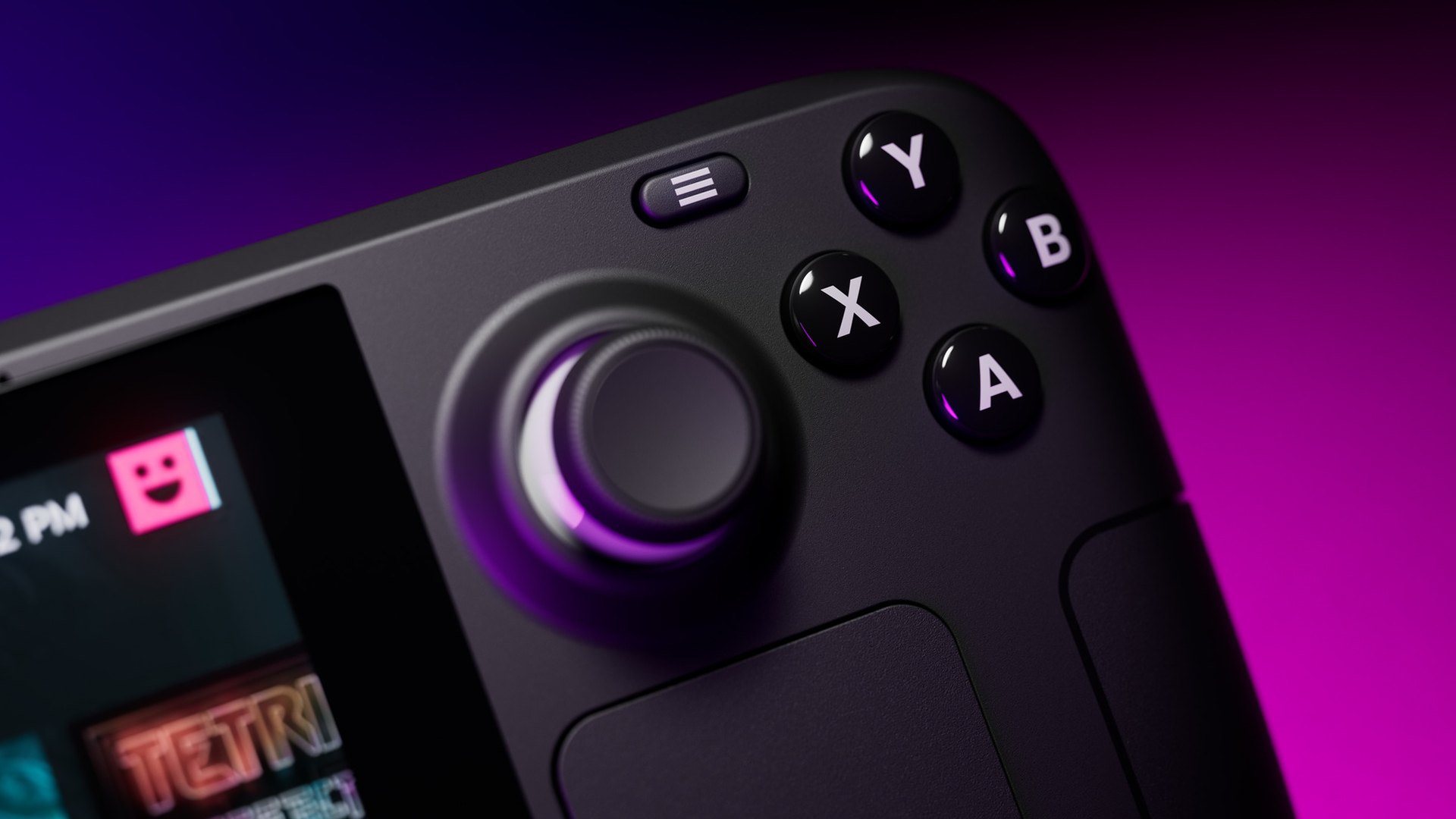 Close-up of the Steam Deck A, B, X and Y buttons and right thumbstick