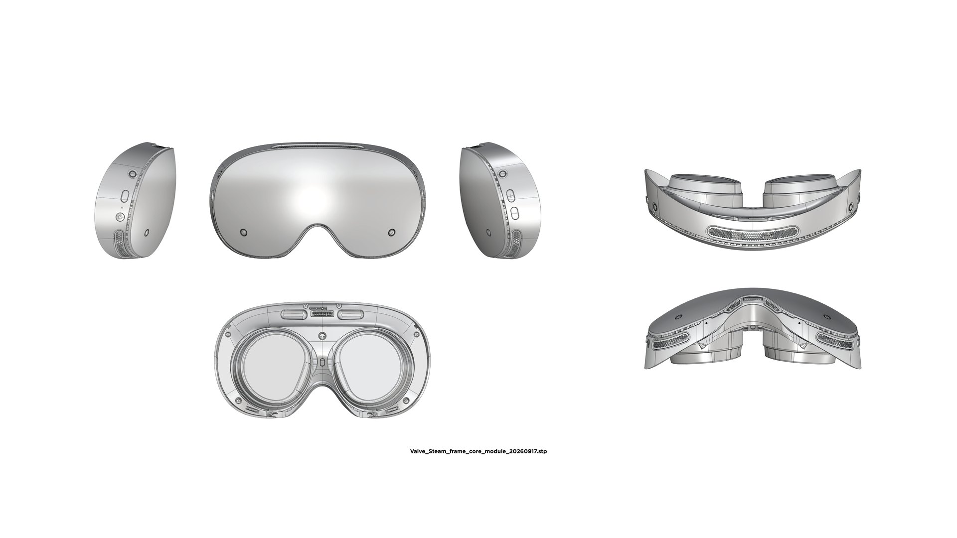 Orthographic CAD views of the Steam Frame core module arranged side by side