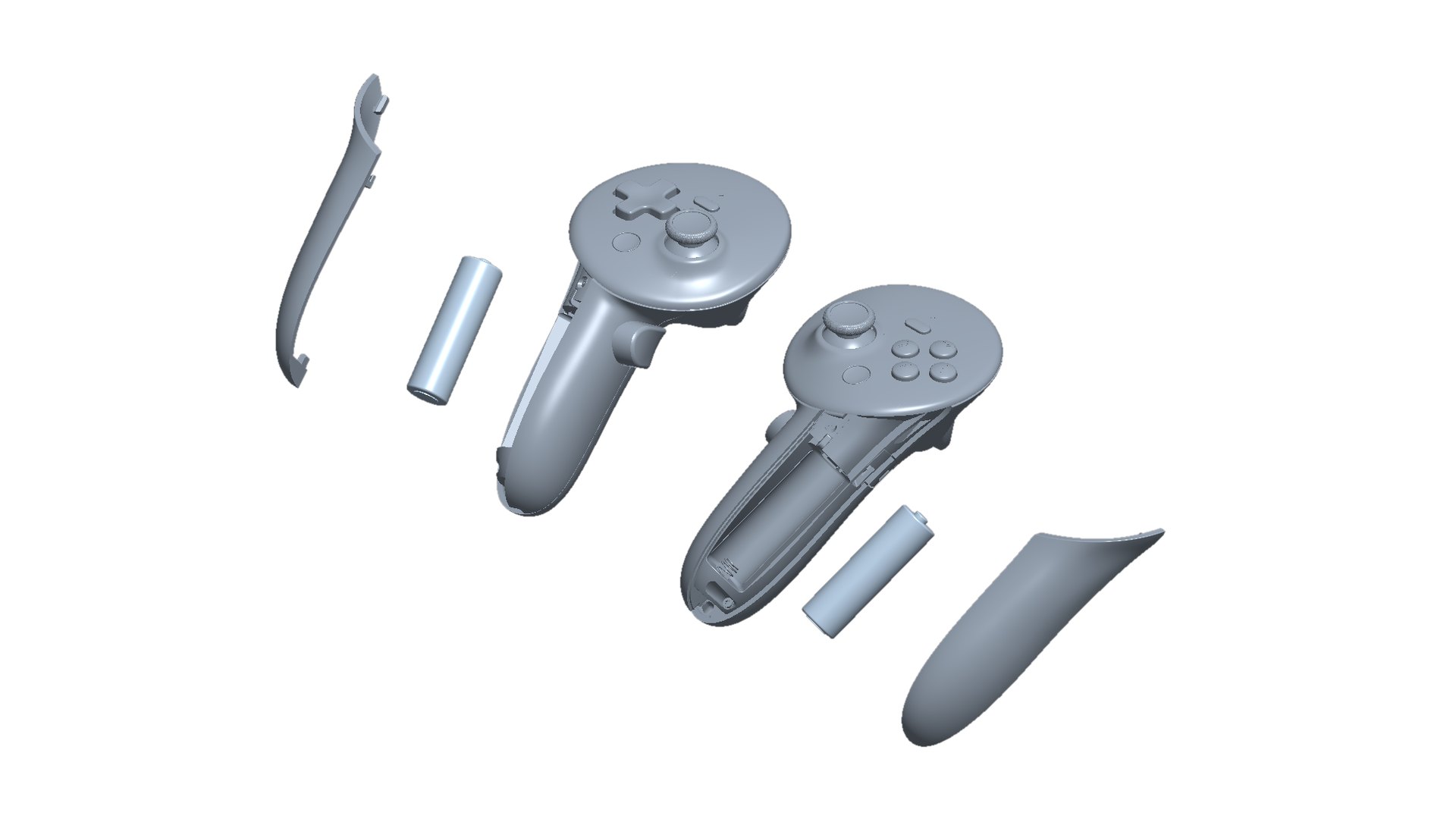 Exploded CAD view of the left and right Steam Frame controllers with battery doors and straps pulled away