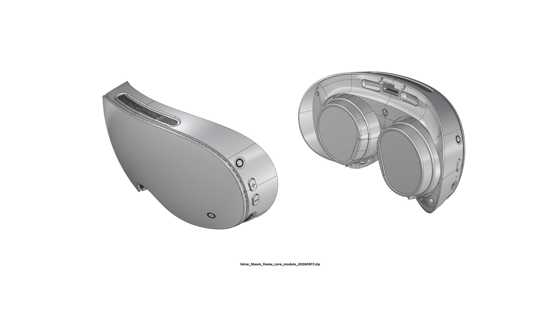 Two grey CAD renders of the Steam Frame visor body, one from the front-left and one from the lens side