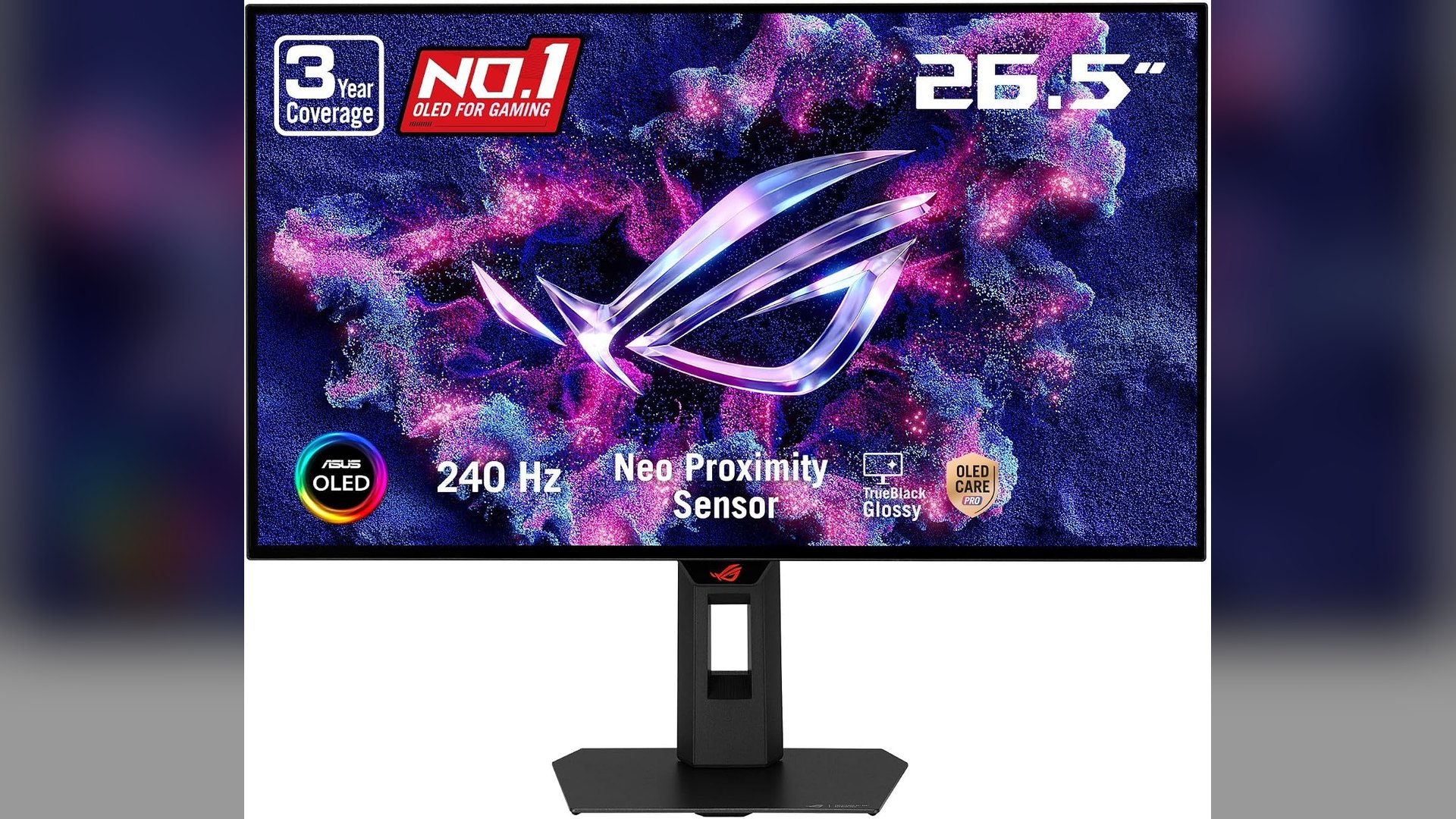ASUS ROG Strix OLED XG27AQDMGR gaming monitor seen from the front