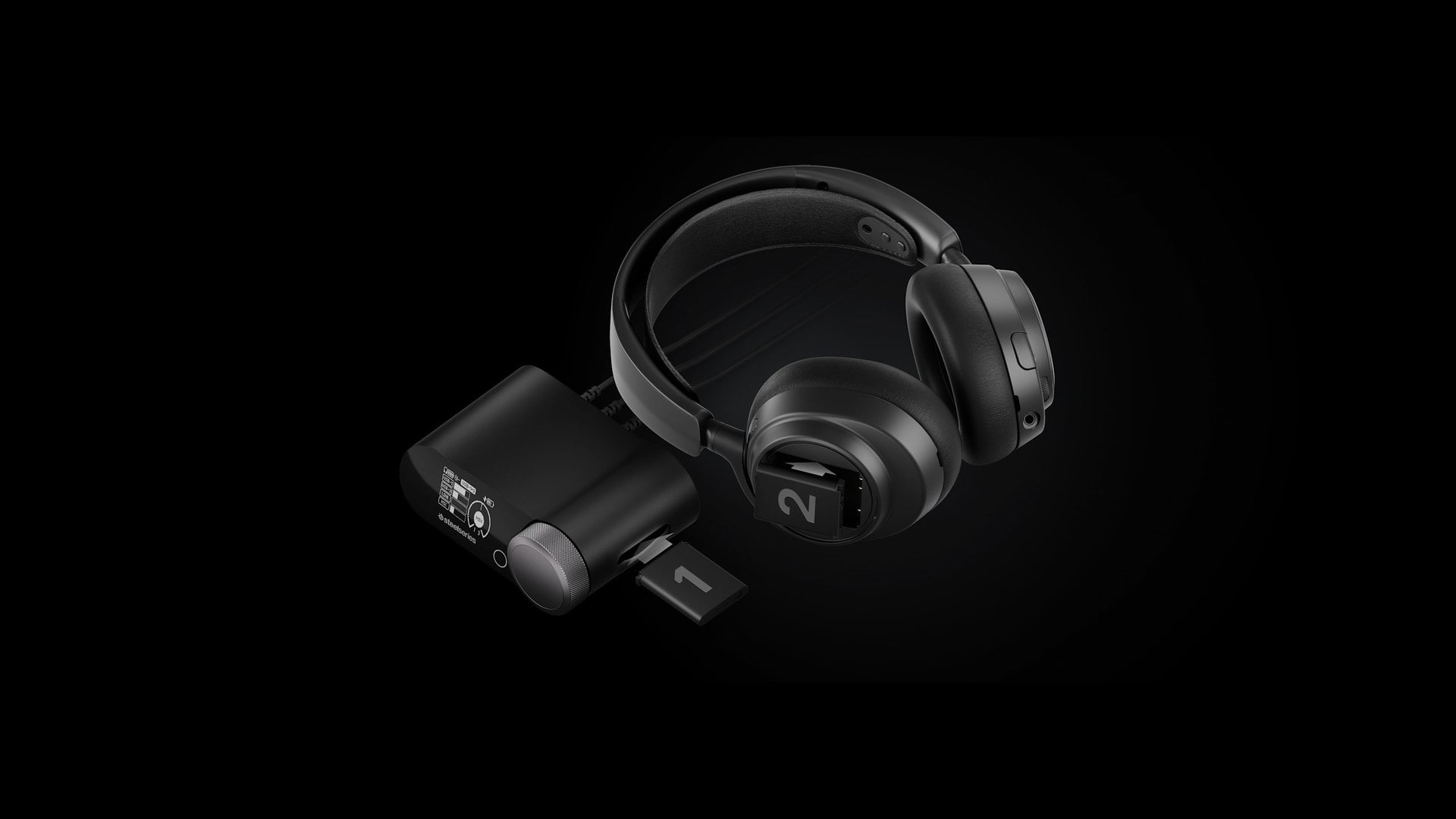 Arctis Nova Pro Omni headset and GameHub base station with two numbered batteries partly ejected