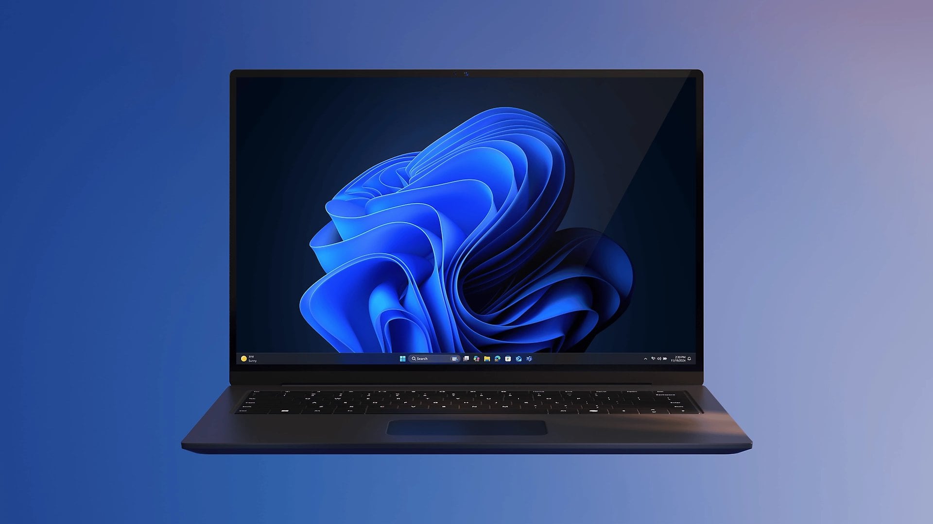 Windows 11 laptop displaying the blue bloom desktop wallpaper